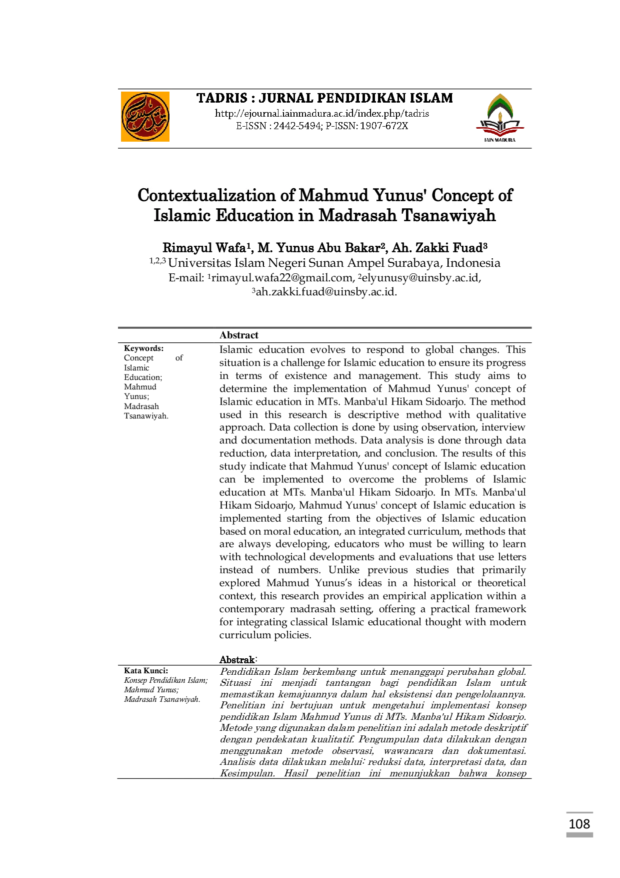 JURIS Contextualization of Mahmud Yunus Concept of Islamic Education in Madrasah Tsanawiyah