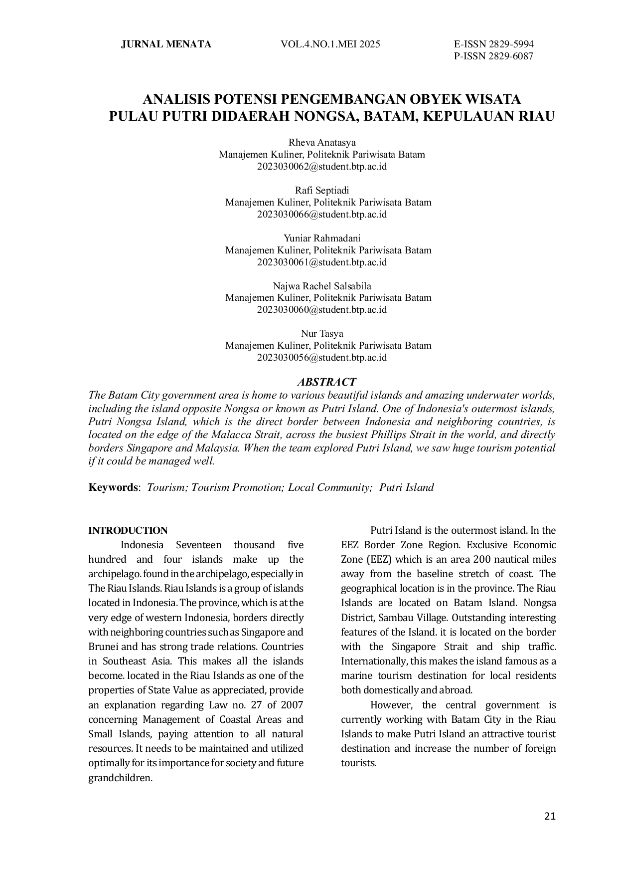 JURIS Analisis Potensi Pengembangan Objek Wisata Pulau Putri Didaerah Nongsa Batam Kepulauan Riau