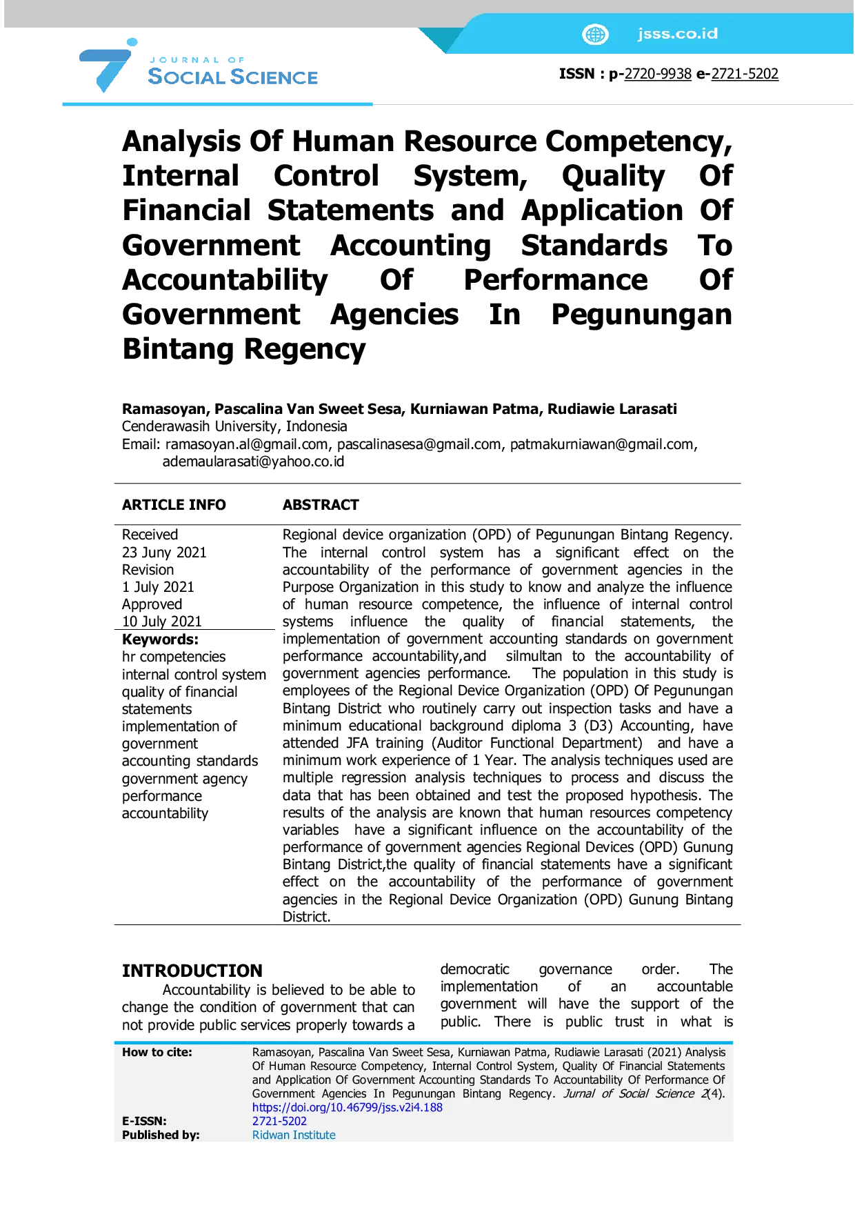 JURIS Analysis Of Human Resource Competency Internal Control System Quality Of Financial Statements and Application Of Government Accounting Standards To Accountability Of Performance Of Government Agenci