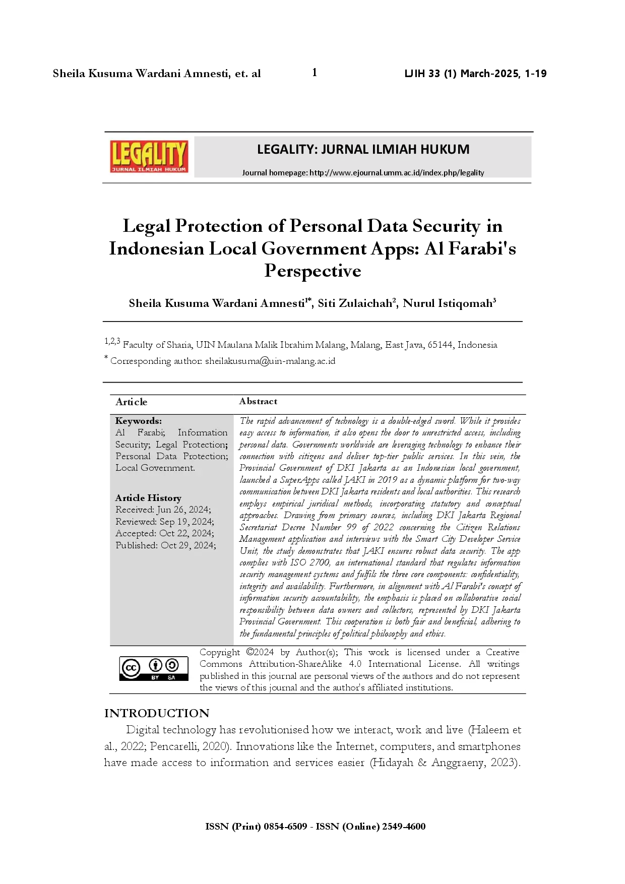 juris - Legal protection of personal data security in Indonesian Local Government apps: Al Farabi's perspective