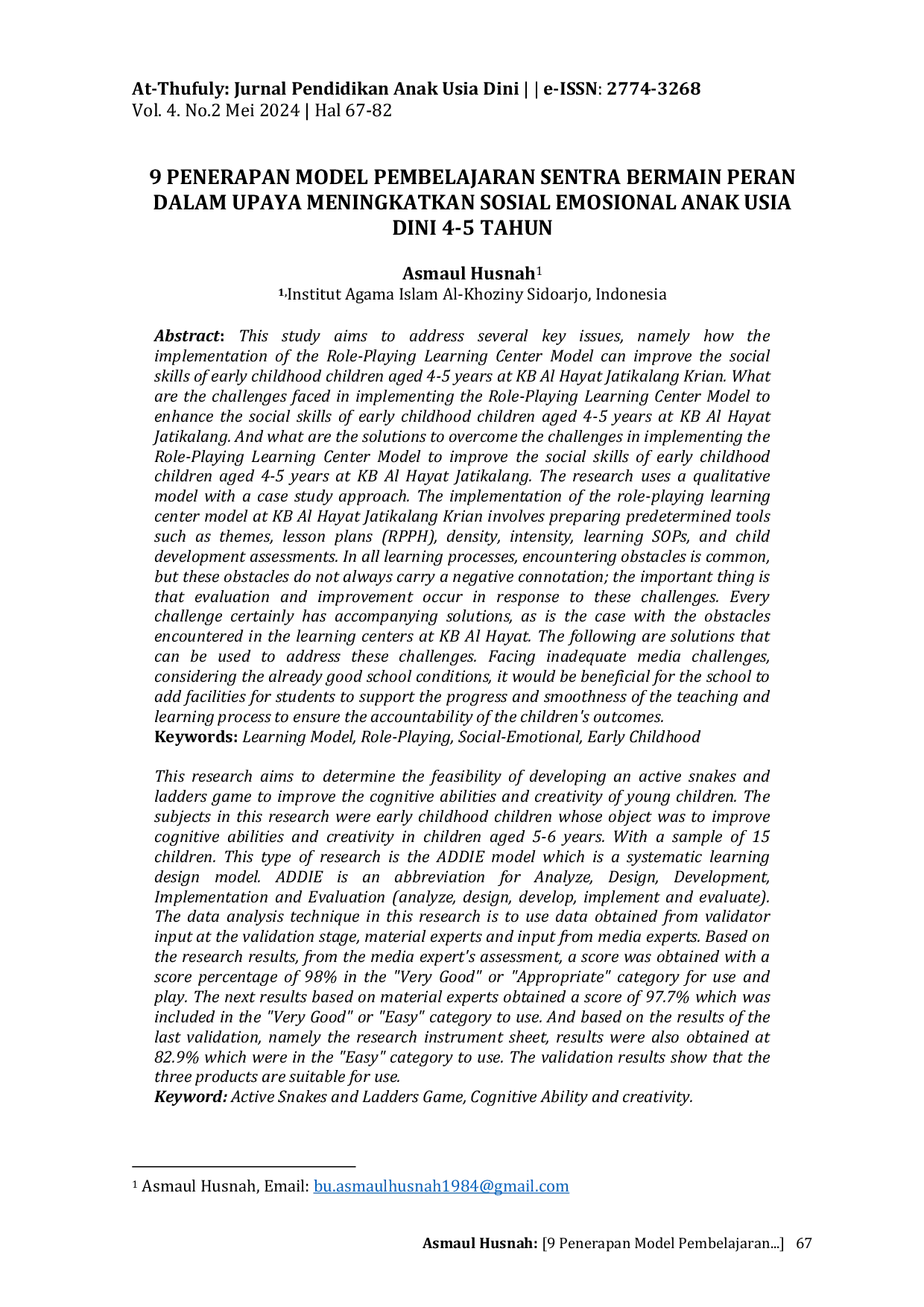 JURIS 9 Penerapan Model Pembelajaran Sentra Bermain Peran Dalam Upaya Meningkatkan Sosial Emosional Anak Usia Dini 4 5 Tahun