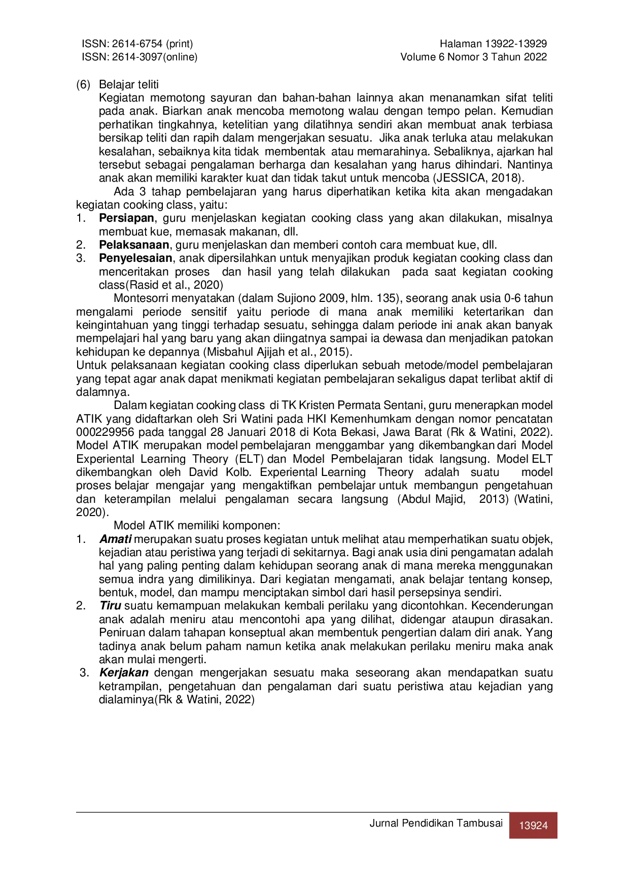 JURIS Implementasi Model ATIK dalam Kegiatan Cooking Class Anak Usia 5 6 Tahun di TK Kristen Permata Sentani