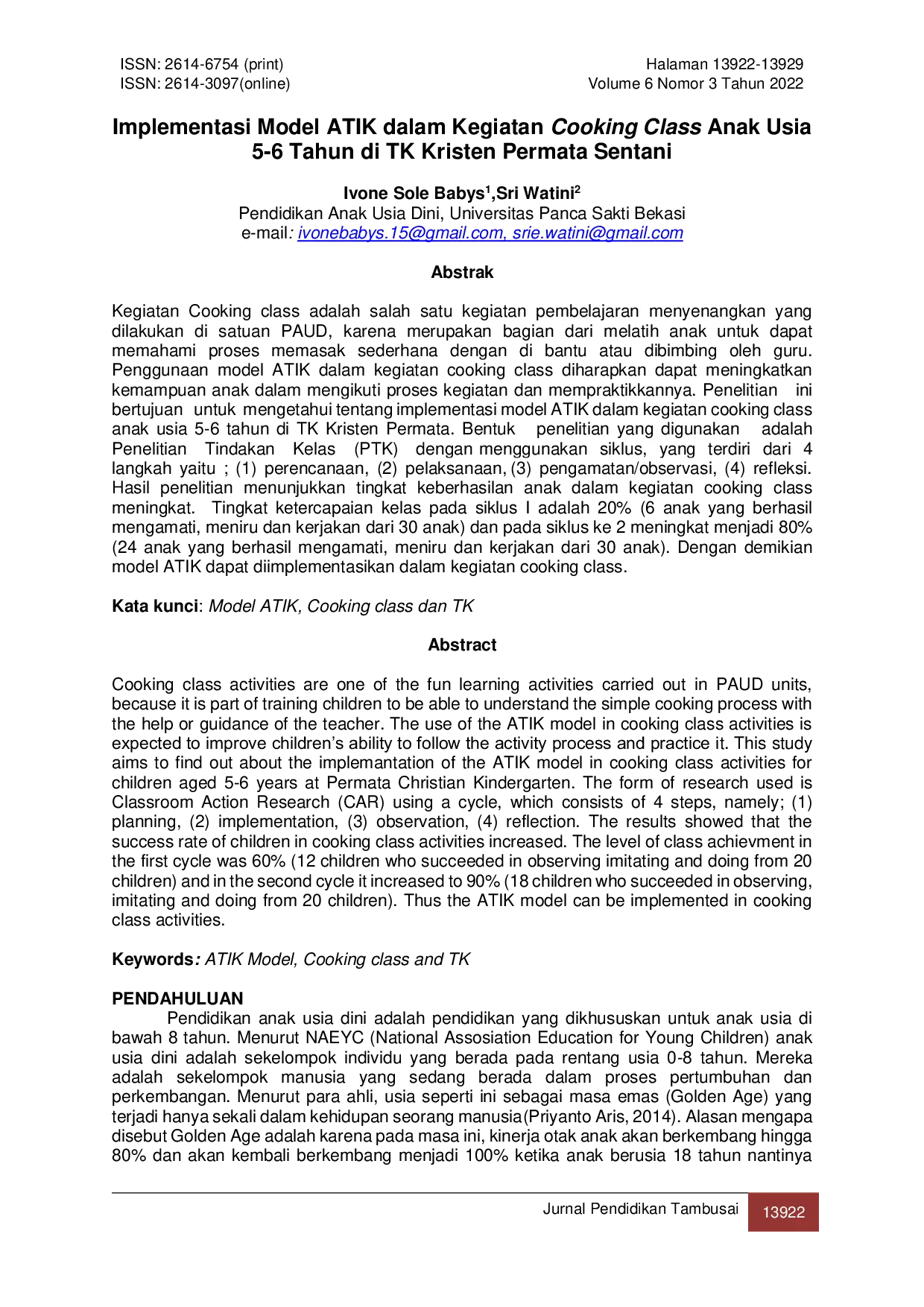 JURIS Implementasi Model ATIK dalam Kegiatan Cooking Class Anak Usia 5 6 Tahun di TK Kristen Permata Sentani