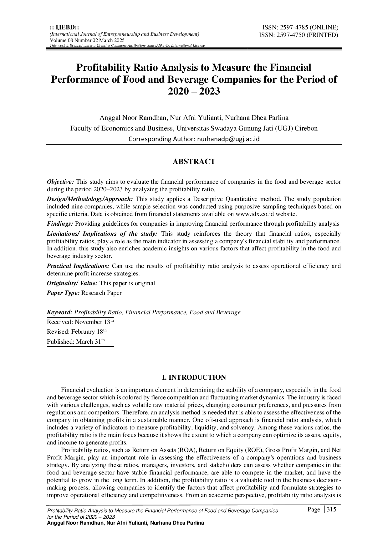 JURIS Profitability Ratio Analysis to Measure the Financial Performance of Food and Beverage Companies for the Period of 2020 2023