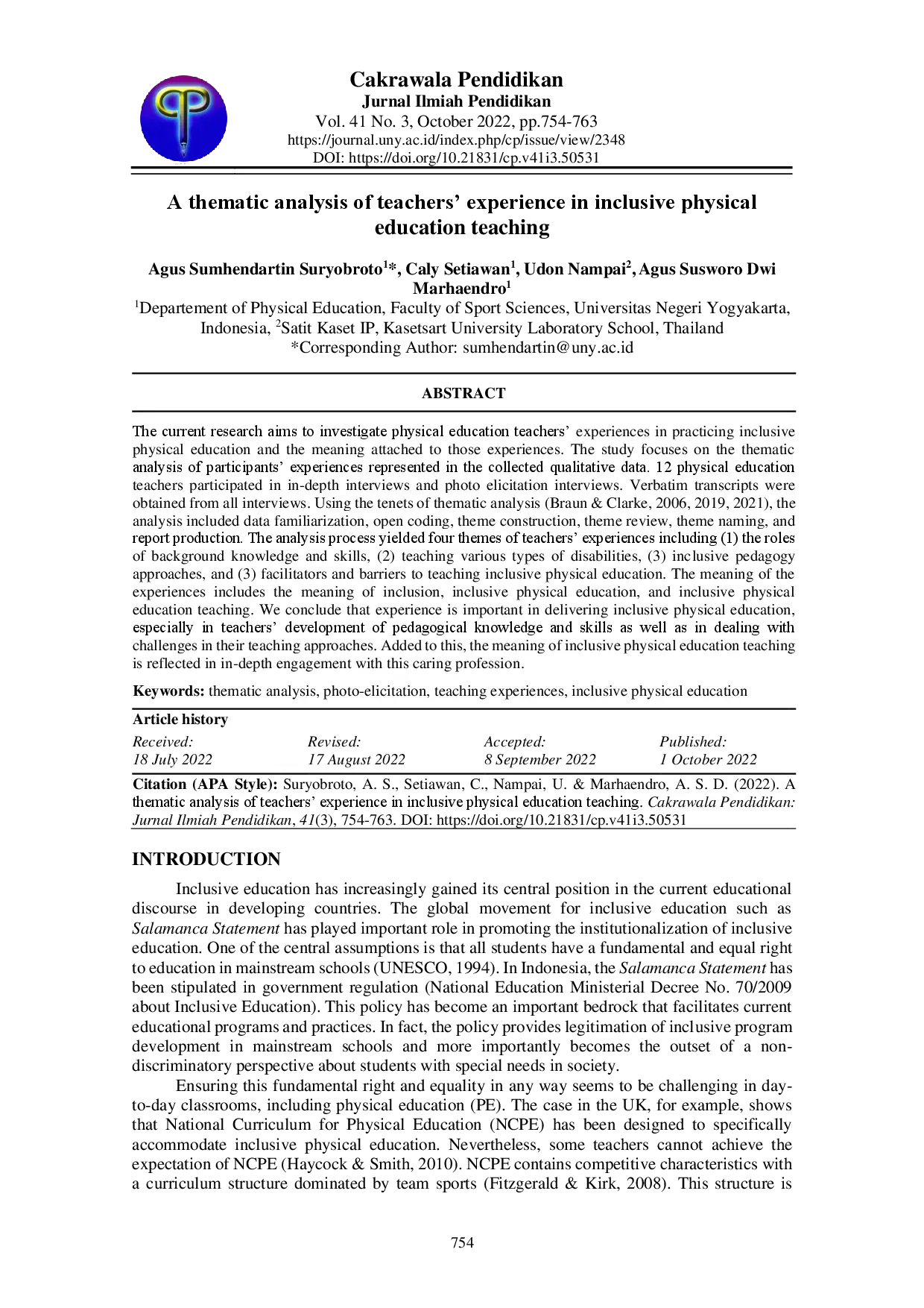 juris A thematic analysis of teachers experience in teaching inclusive physical education