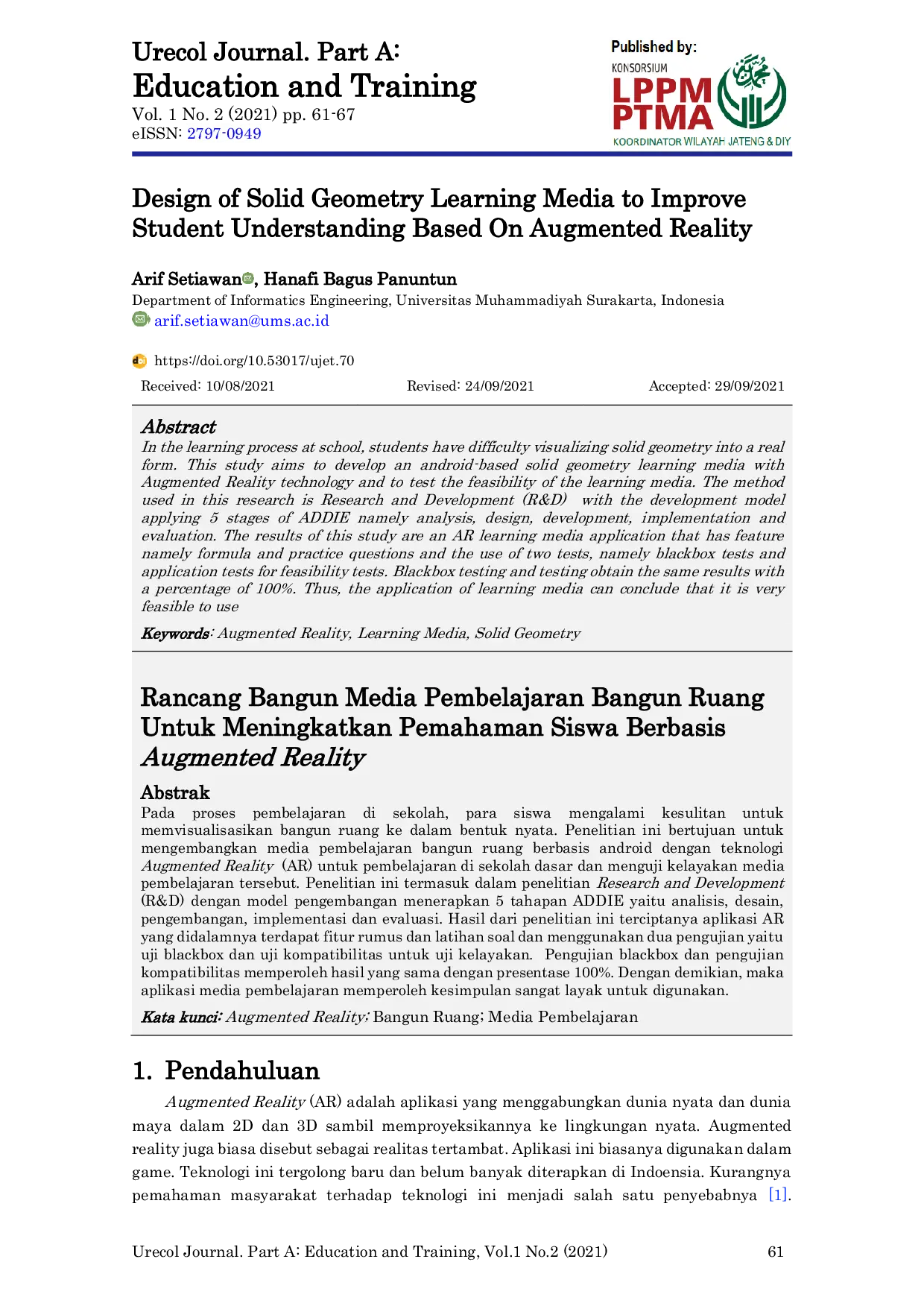JURIS Design of Solid Geometry Learning Media to Improve Student Understanding Based On Augmented Reality