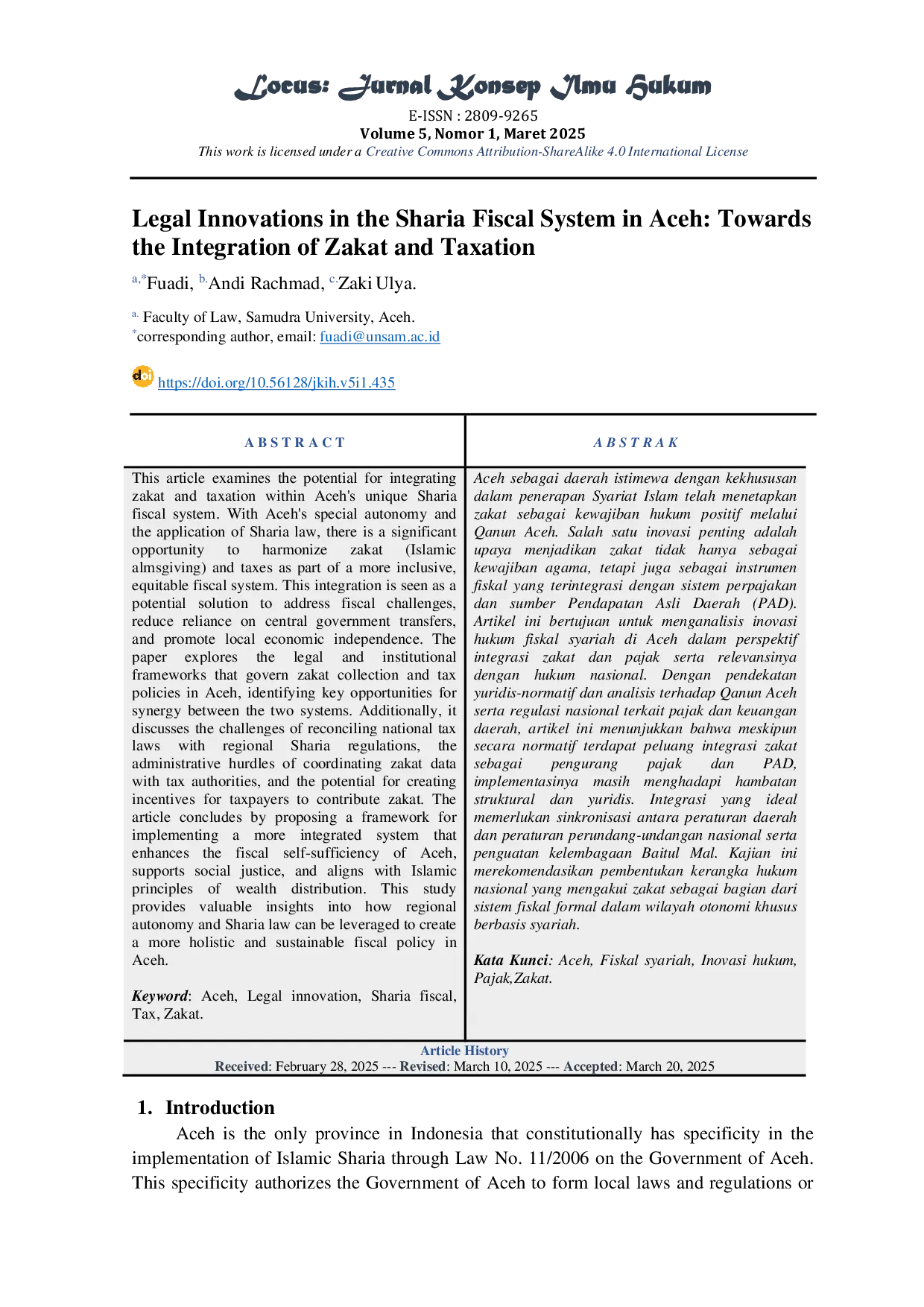 JURIS Legal Innovations in the Sharia Fiscal System in Aceh Towards the Integration of Zakat and Taxation