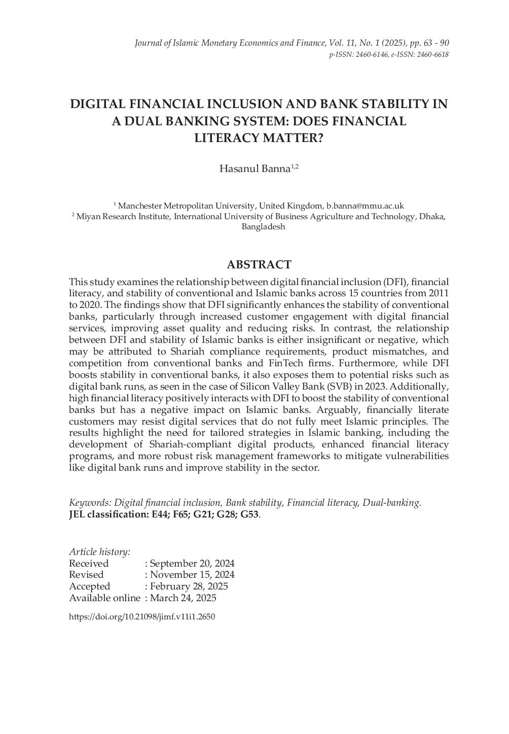 JURIS Digital Financial Inclusion and Bank Stability in a Dual Banking System Does Financial Literacy Matter