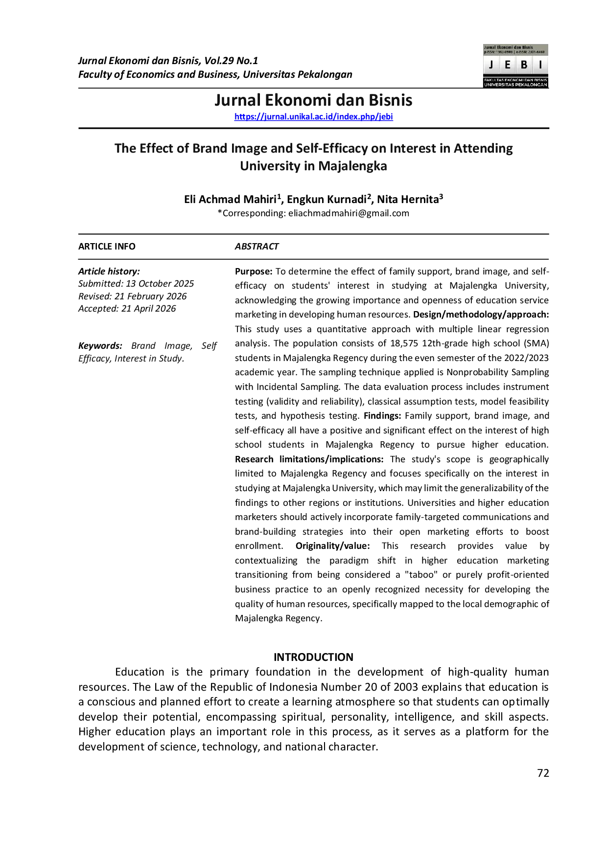 JURIS The Effect of Brand Image and Self Efficacy on Interest in Attending University in Majalengka