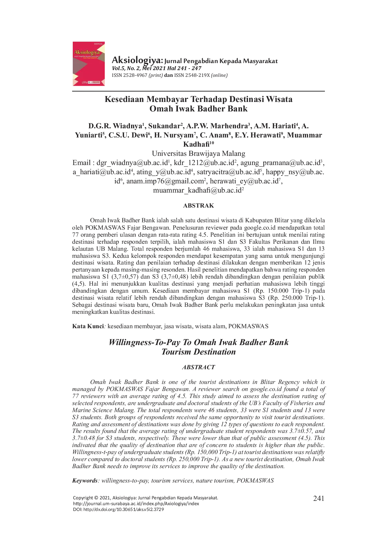 JURIS Kesediaan Membayar Terhadap Destinasi Wisata Omah Iwak Badher Bank