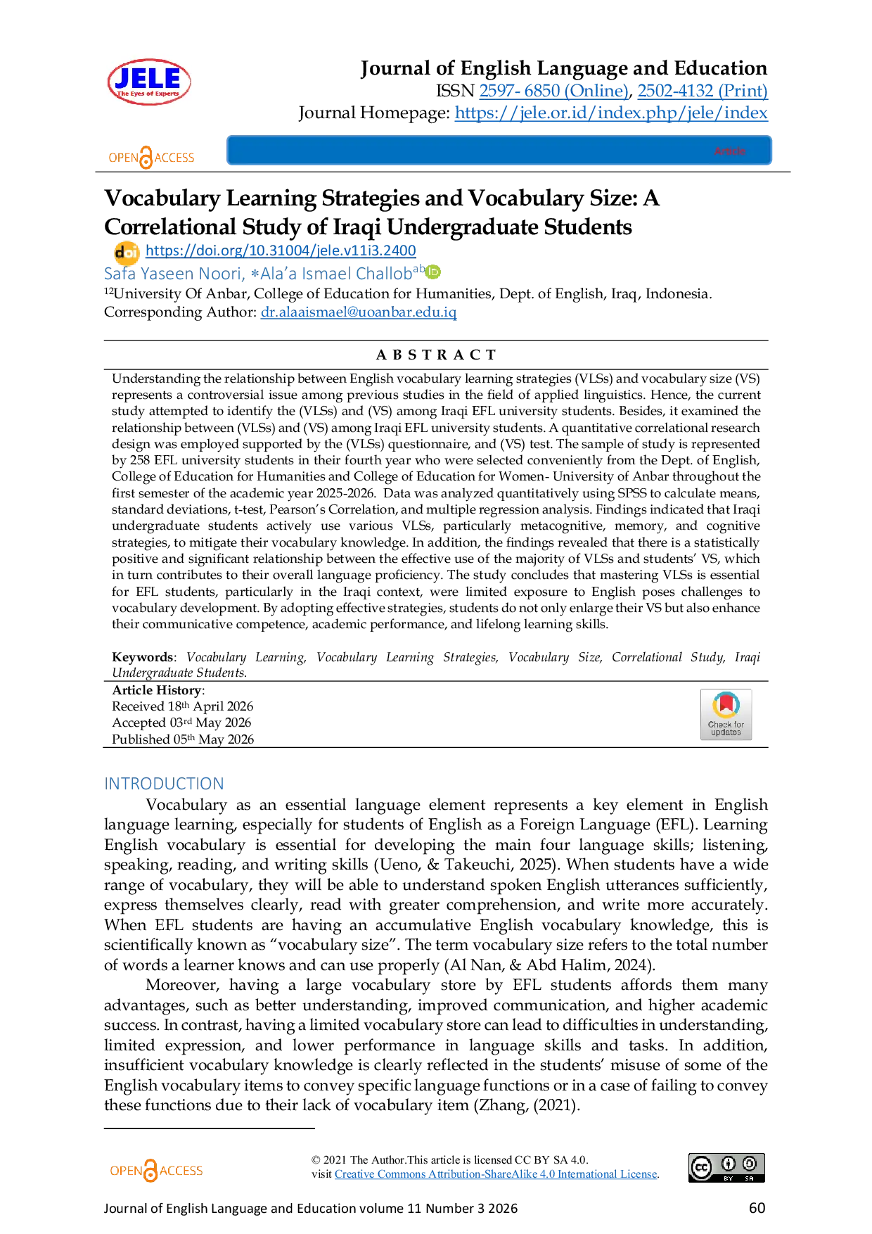 JURIS Vocabulary Learning Strategies and Vocabulary Size A Correlational Study of Iraqi Undergraduate Students