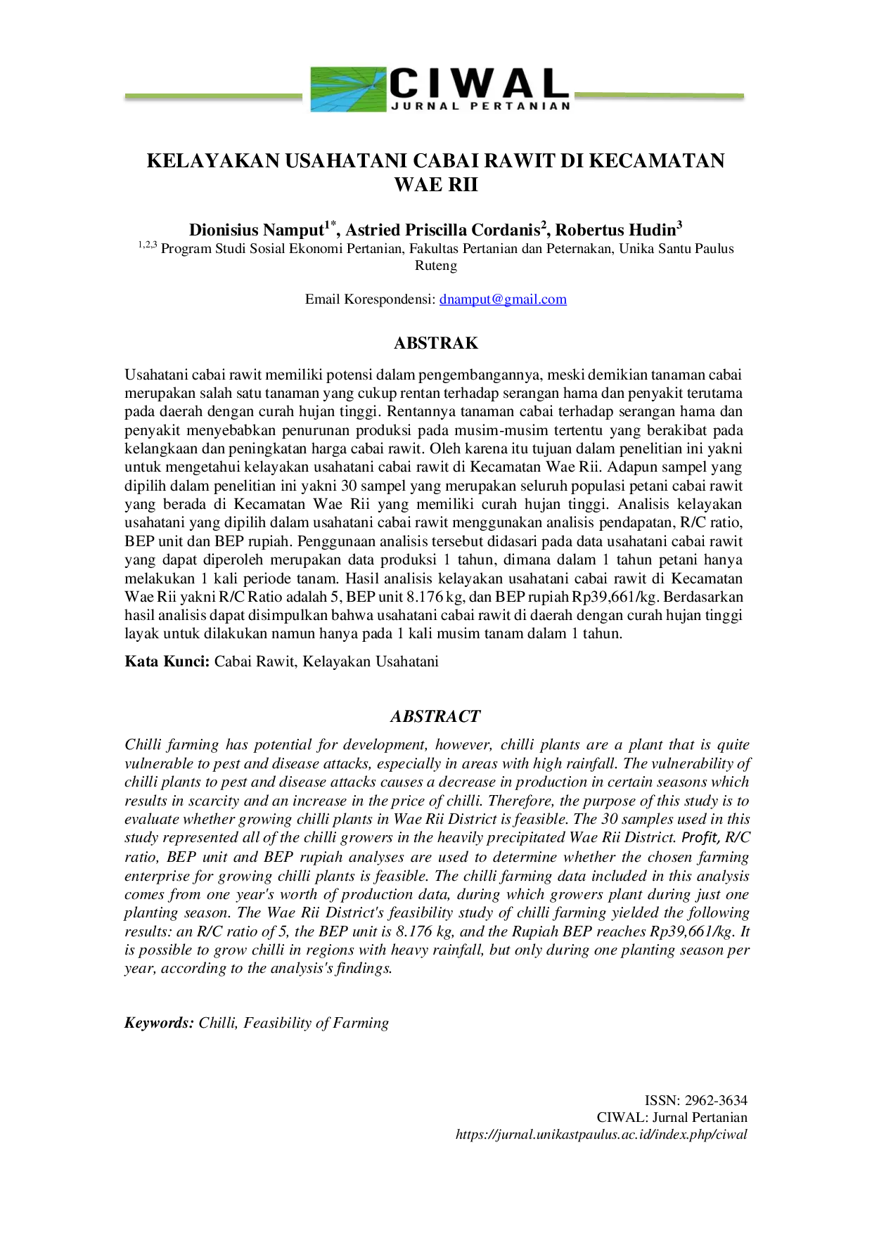 JURIS Kelayakan Usahatani Cabai Rawit Di Kecamatan Wae Rii