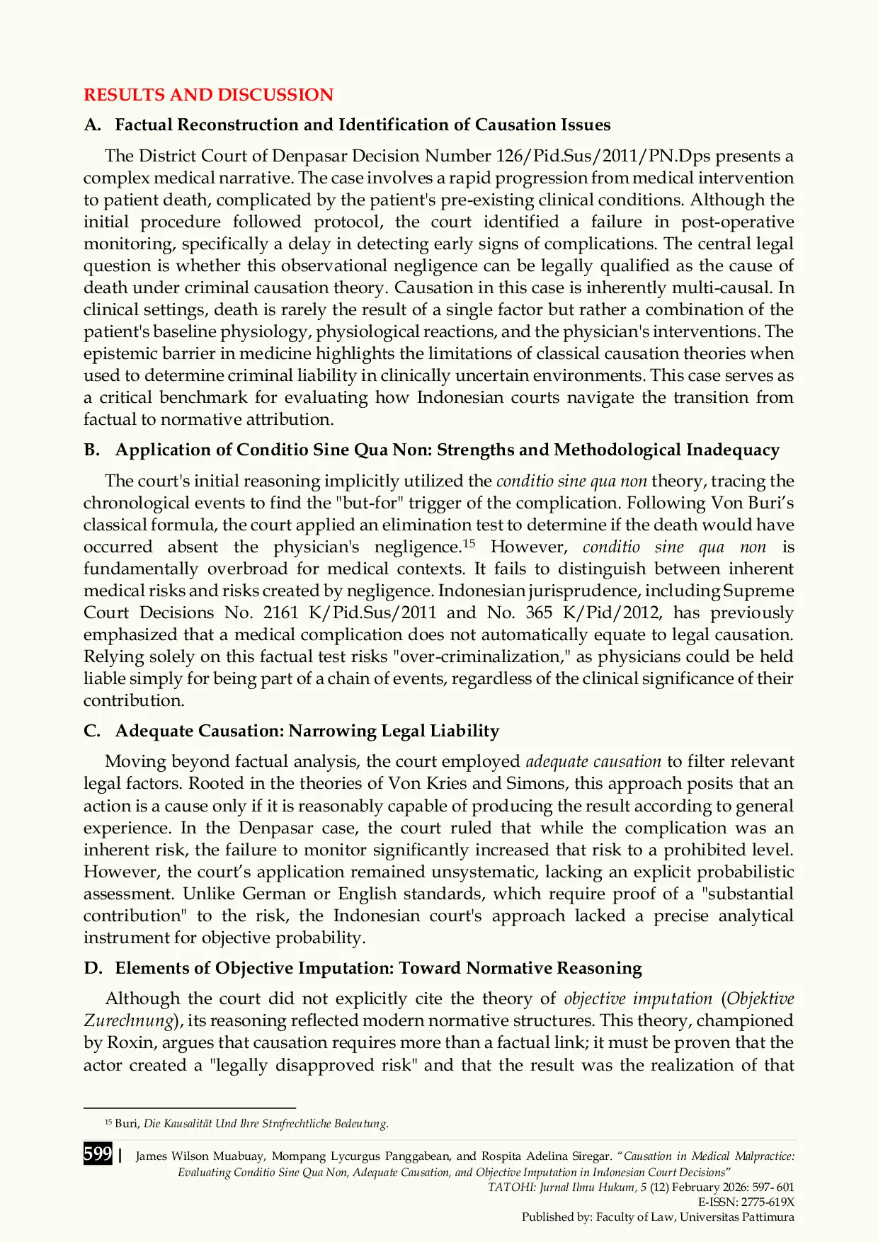 JURIS Causation in Medical Malpractice Evaluating Conditio Sine Qua Non Adequate Causation and Objective Imputation in Indonesian Court Decisions