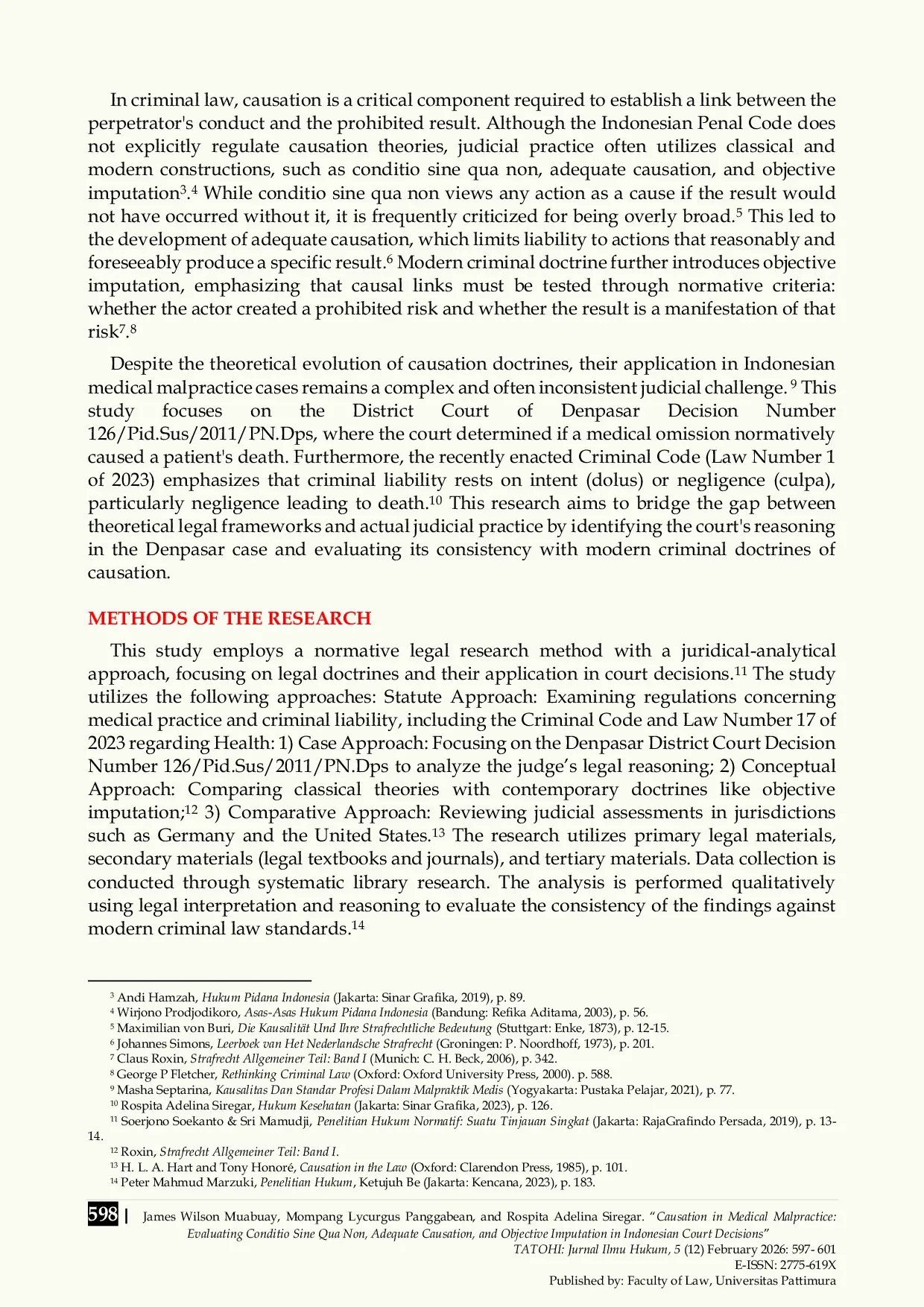 JURIS Causation in Medical Malpractice Evaluating Conditio Sine Qua Non Adequate Causation and Objective Imputation in Indonesian Court Decisions