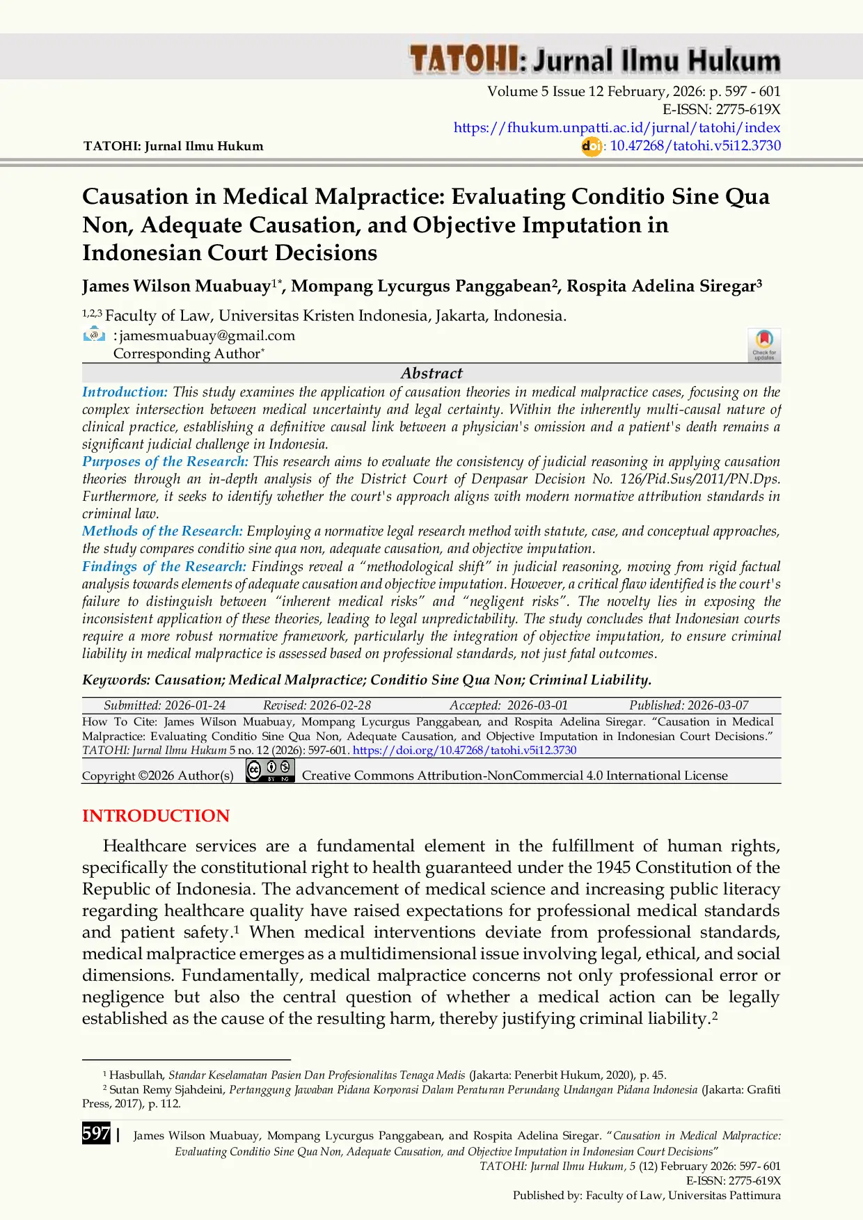 JURIS Causation in Medical Malpractice Evaluating Conditio Sine Qua Non Adequate Causation and Objective Imputation in Indonesian Court Decisions