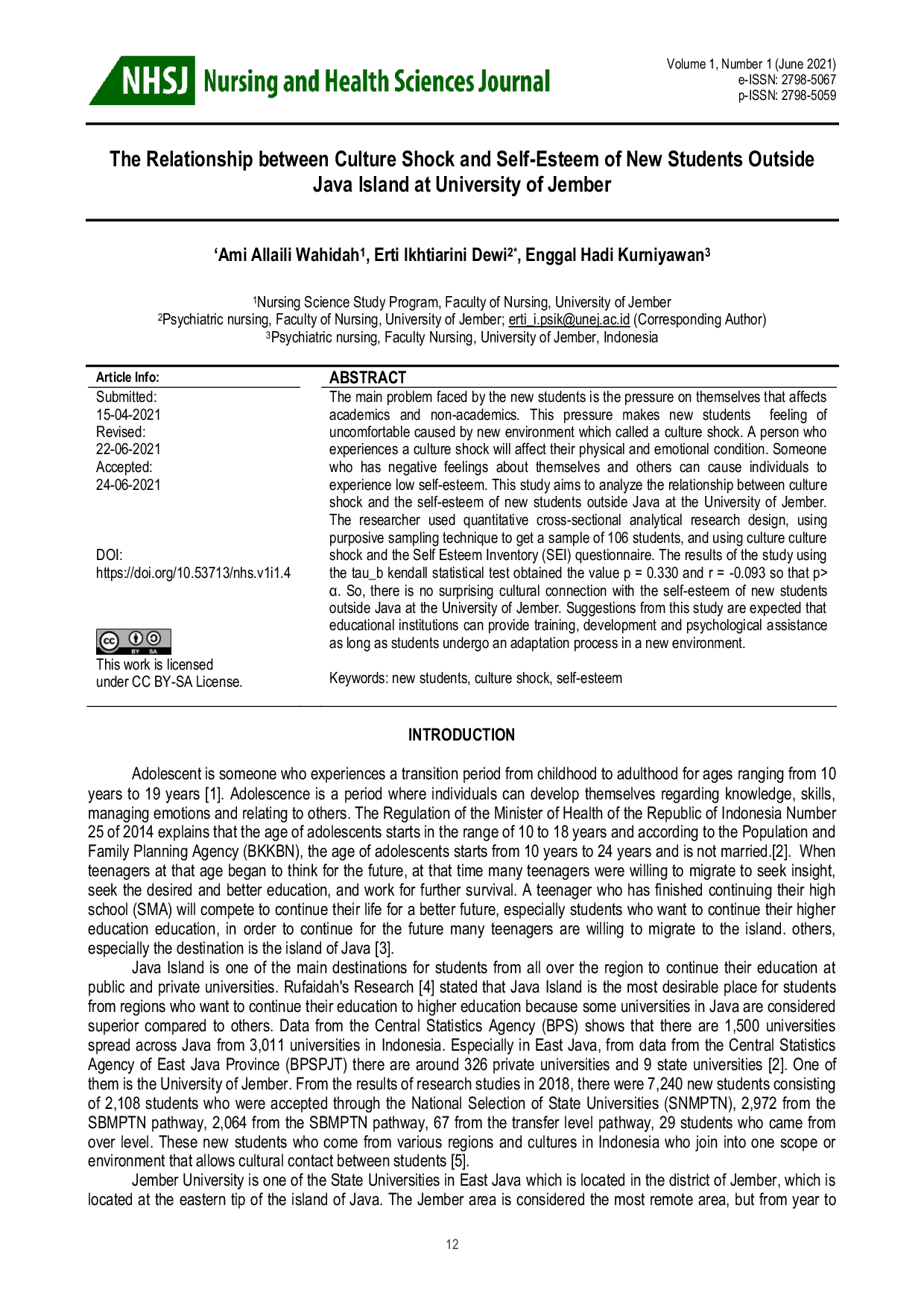 JURIS The Relationship Between Culture Shock and Self Esteem of New Students Outside Java Island at University of Jember
