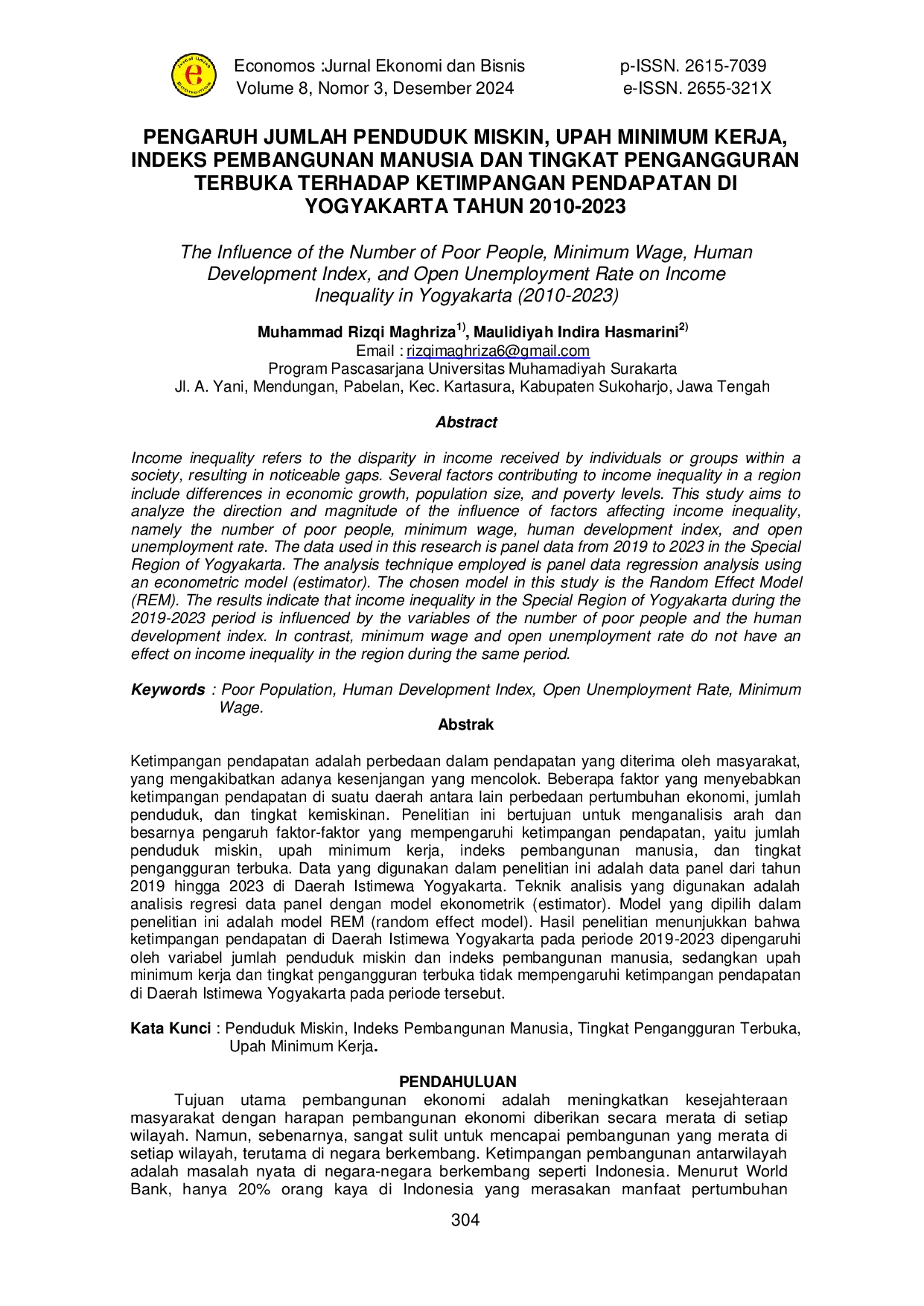 JURIS The Influence of the Number of Poor People Minimum Wage Human Development Index and Open Unemployment Rate on Income Inequality in Yogyakarta 2010 2023