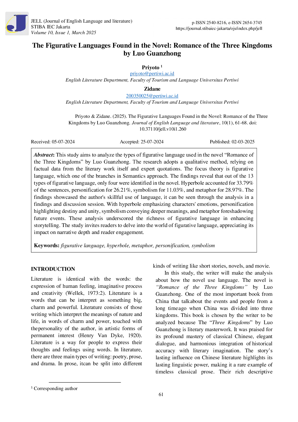JURIS The Figurative Languages Found in the Novel Romance of the Three Kingdoms by Luo Guanzhong