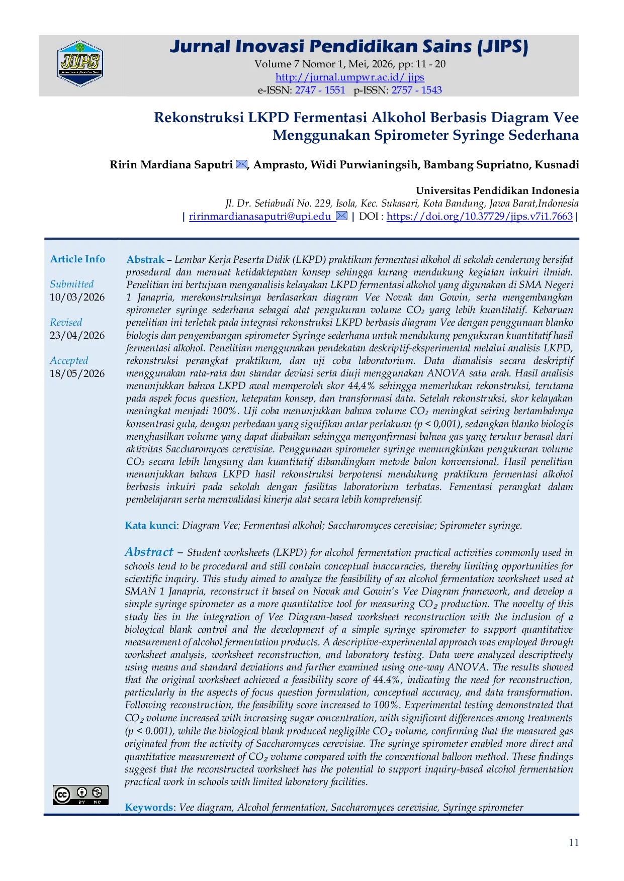 JURIS Rekonstruksi LKPD Fermentasi Alkohol Berbasis Diagram Vee Menggunakan Spirometer Syringe Sederhana