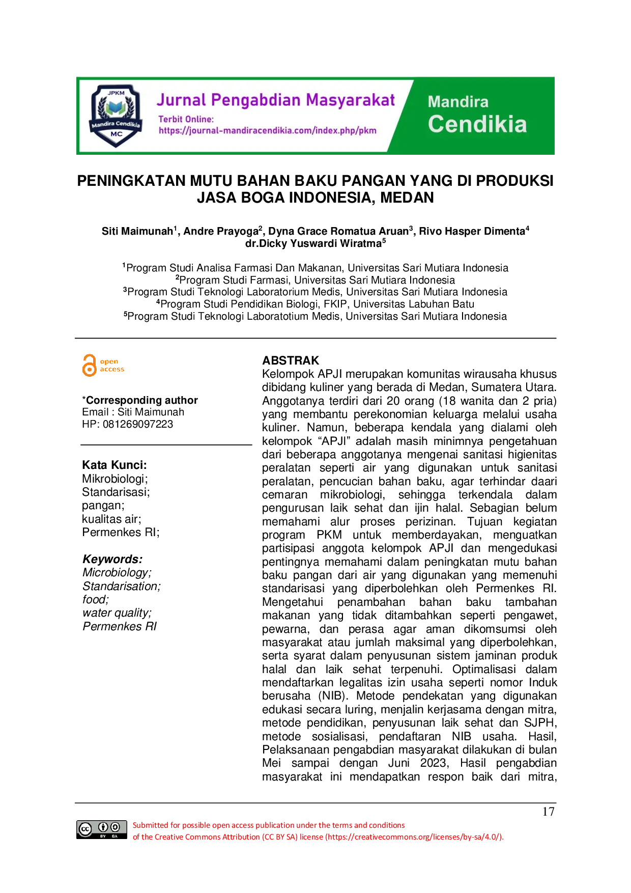 JURIS Peningkatan Mutu Bahan Baku Pangan Yang Di Produksi Jasa Boga Indonesia Medan