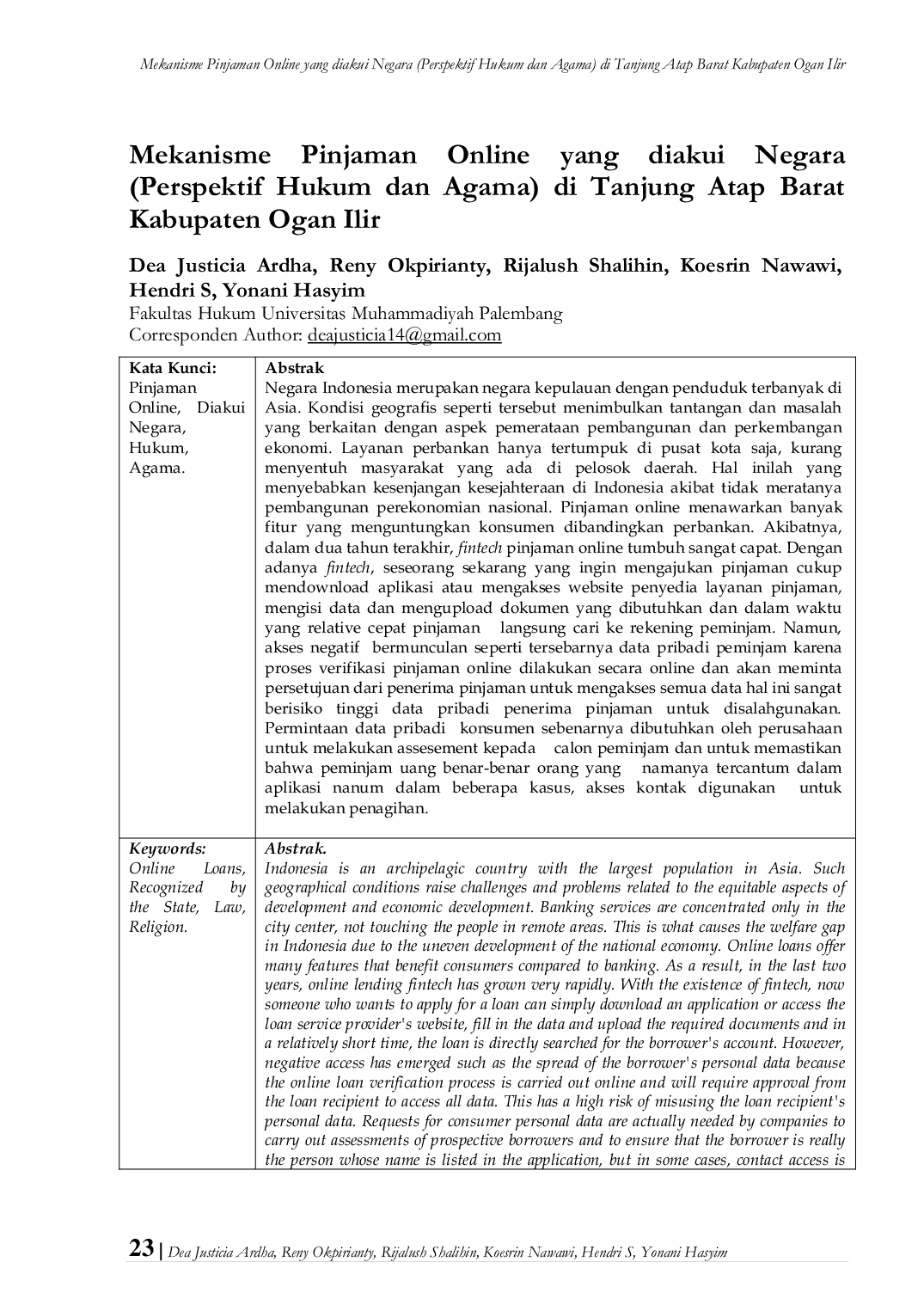 JURIS Mekanisme Pinjaman Online yang diakui Negara Perspektif Hukum dan Agama di Tanjung Atap Barat Kabupaten Ogan Ilir