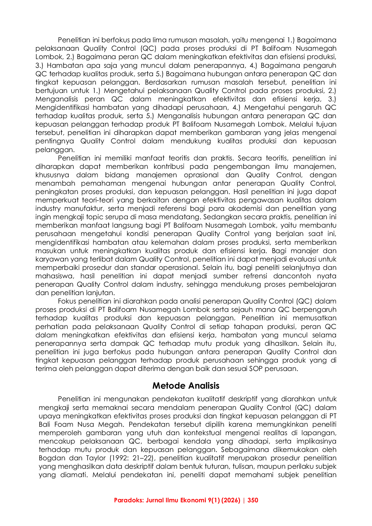 JURIS Analisis Quality Control dalam Meningkatkan Proses Produksi dan Kepuasan Pelanggan