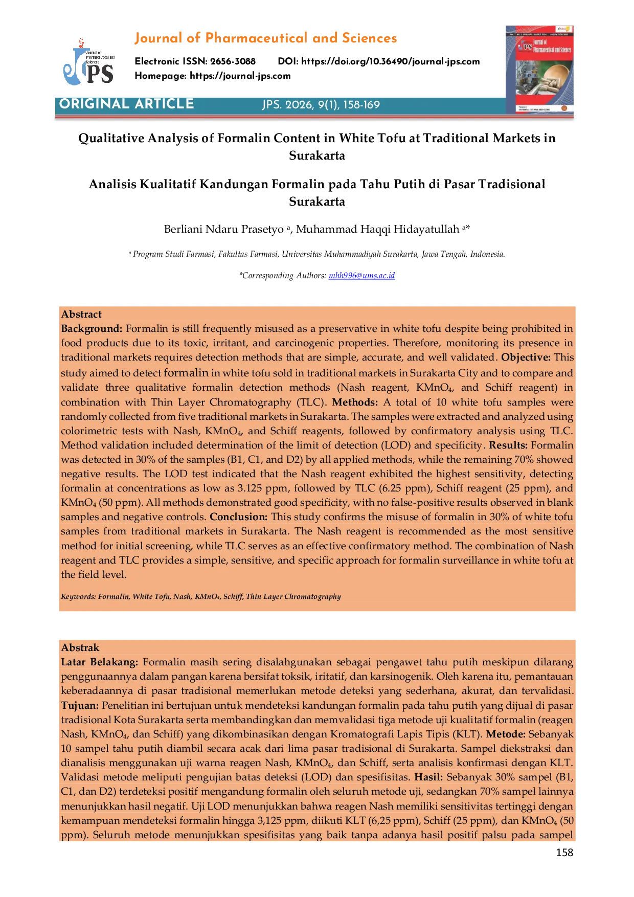 JURIS Analisis Kualitatif Kandungan Formalin pada Tahu Putih di Pasar Tradisional Surakarta