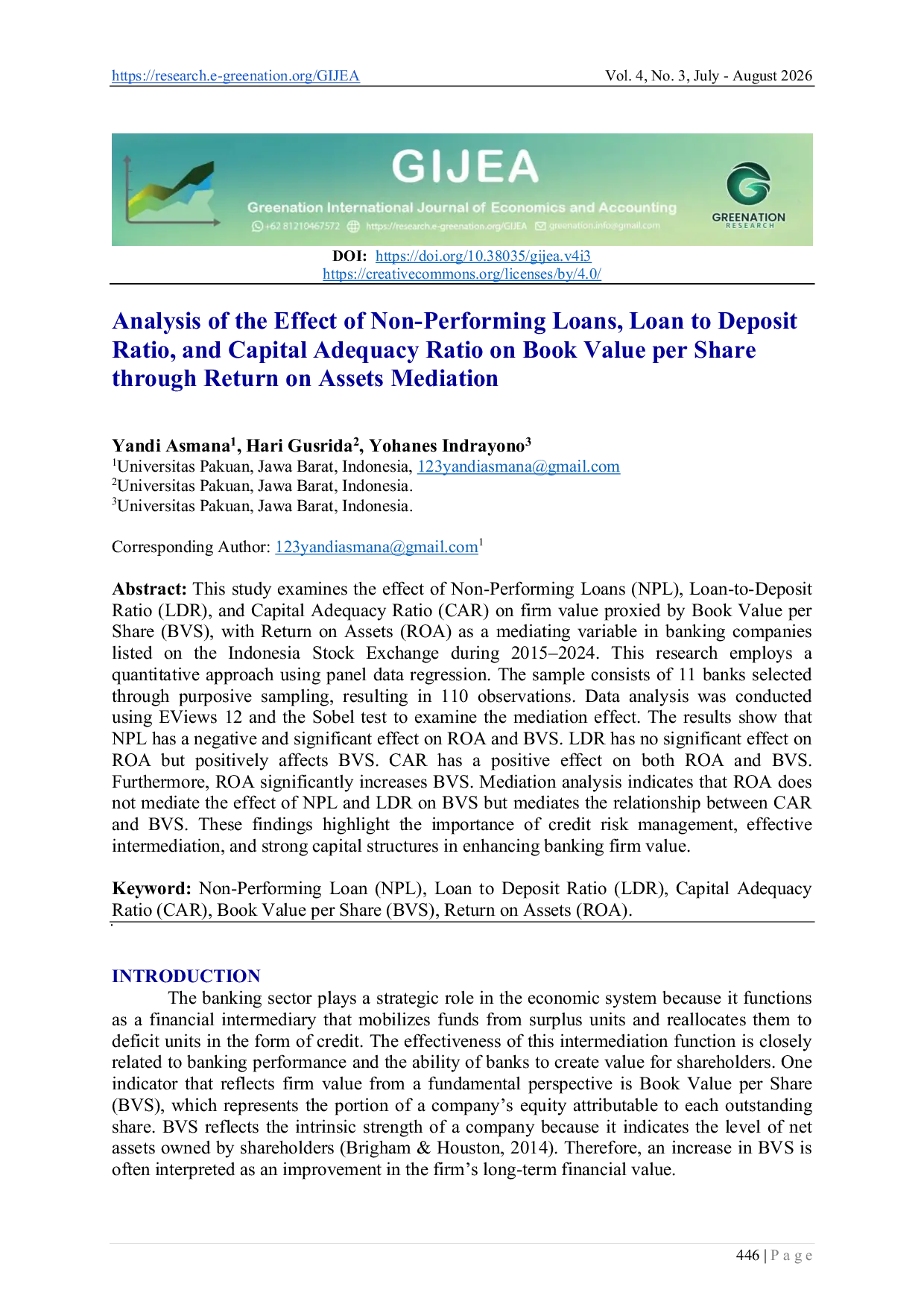 JURIS Analysis of the Effect of Non Performing Loans Loan to Deposit Ratio and Capital Adequacy Ratio on Book Value per Share through Return on Assets Mediation