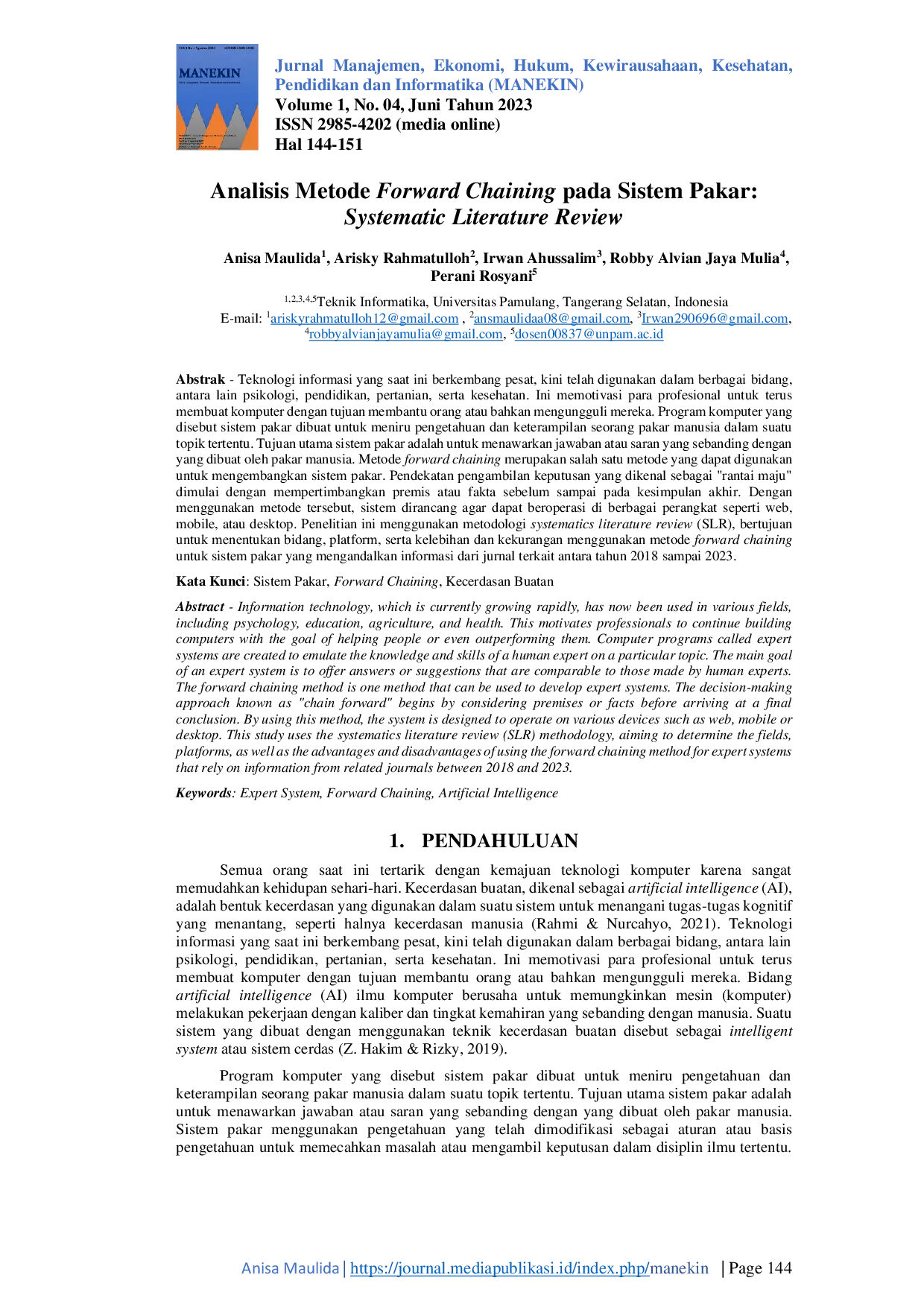 JURIS Analisis Metode Forward Chaining pada Sistem Pakar Systematic Literature Review