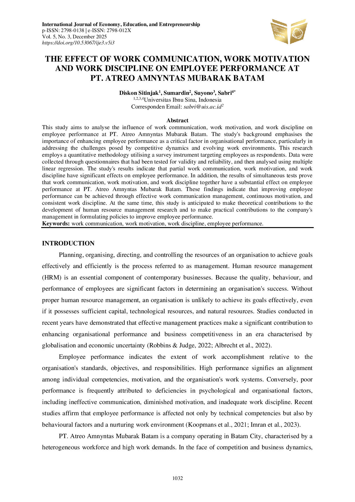 JURIS The Effect of Work Communication Work Motivation and Work Discipline on Employee Performance at PT Atreo Amnyntas Mubarak Batam