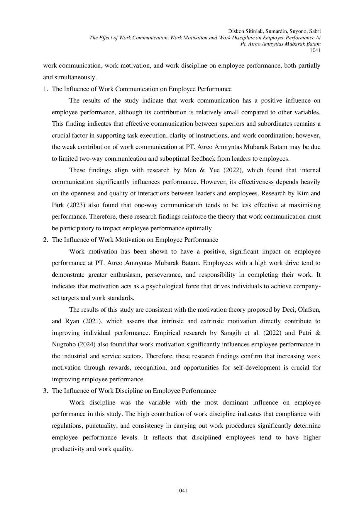 JURIS The Effect of Work Communication Work Motivation and Work Discipline on Employee Performance at PT Atreo Amnyntas Mubarak Batam