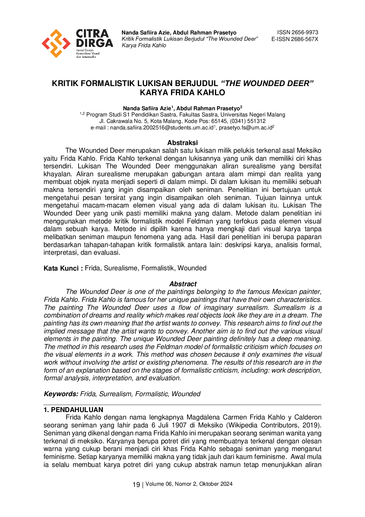 JURIS Kritik Formalistik Lukisan Berjudul The Wounded Deer Karya Frida Kahlo