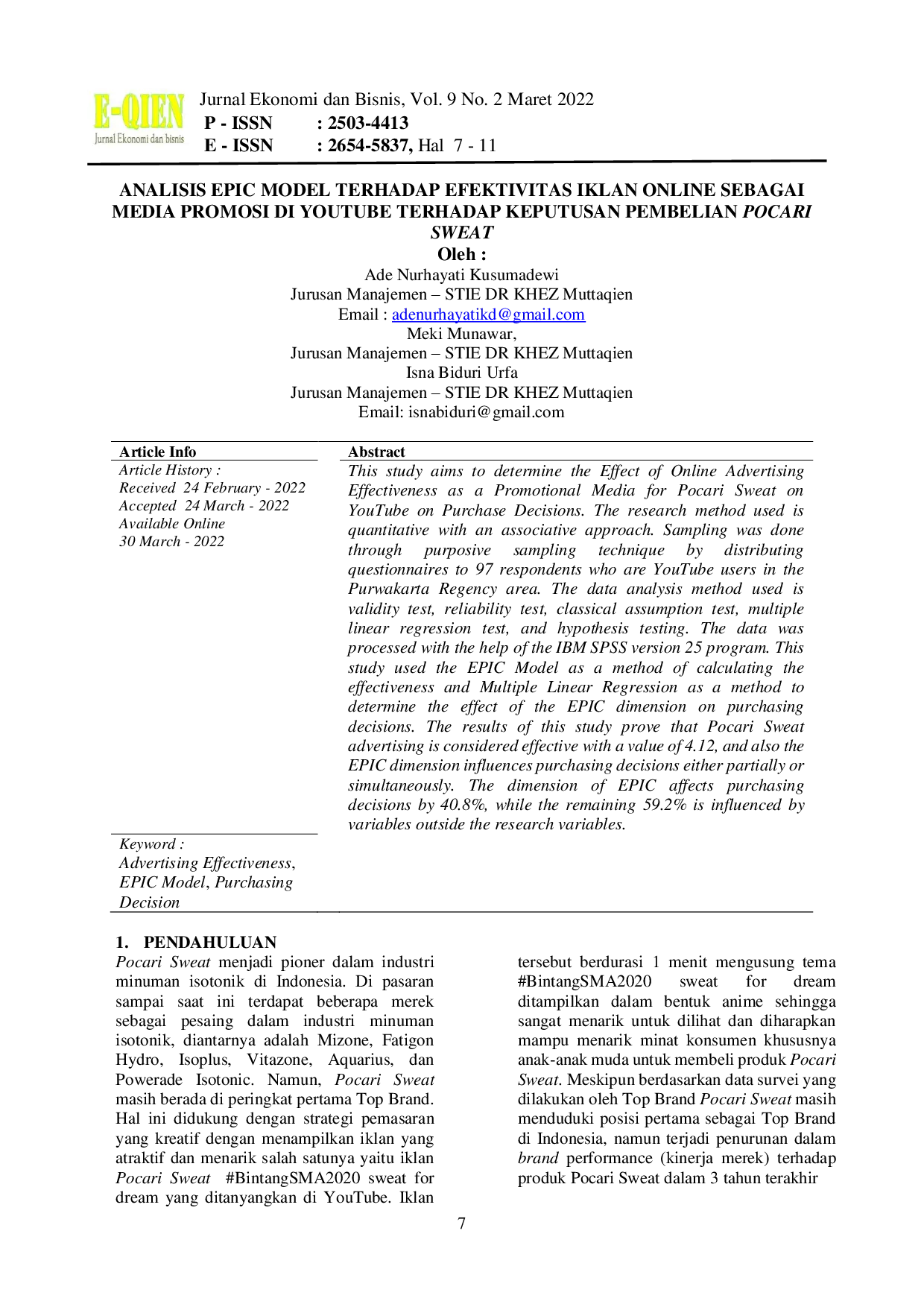 JURIS Analisis EPIC Model Terhadap Efektivitas Iklan Online Sebagai Media Promosi di YouTube Terhadap Keputusan Pembelian Pocari Sweat