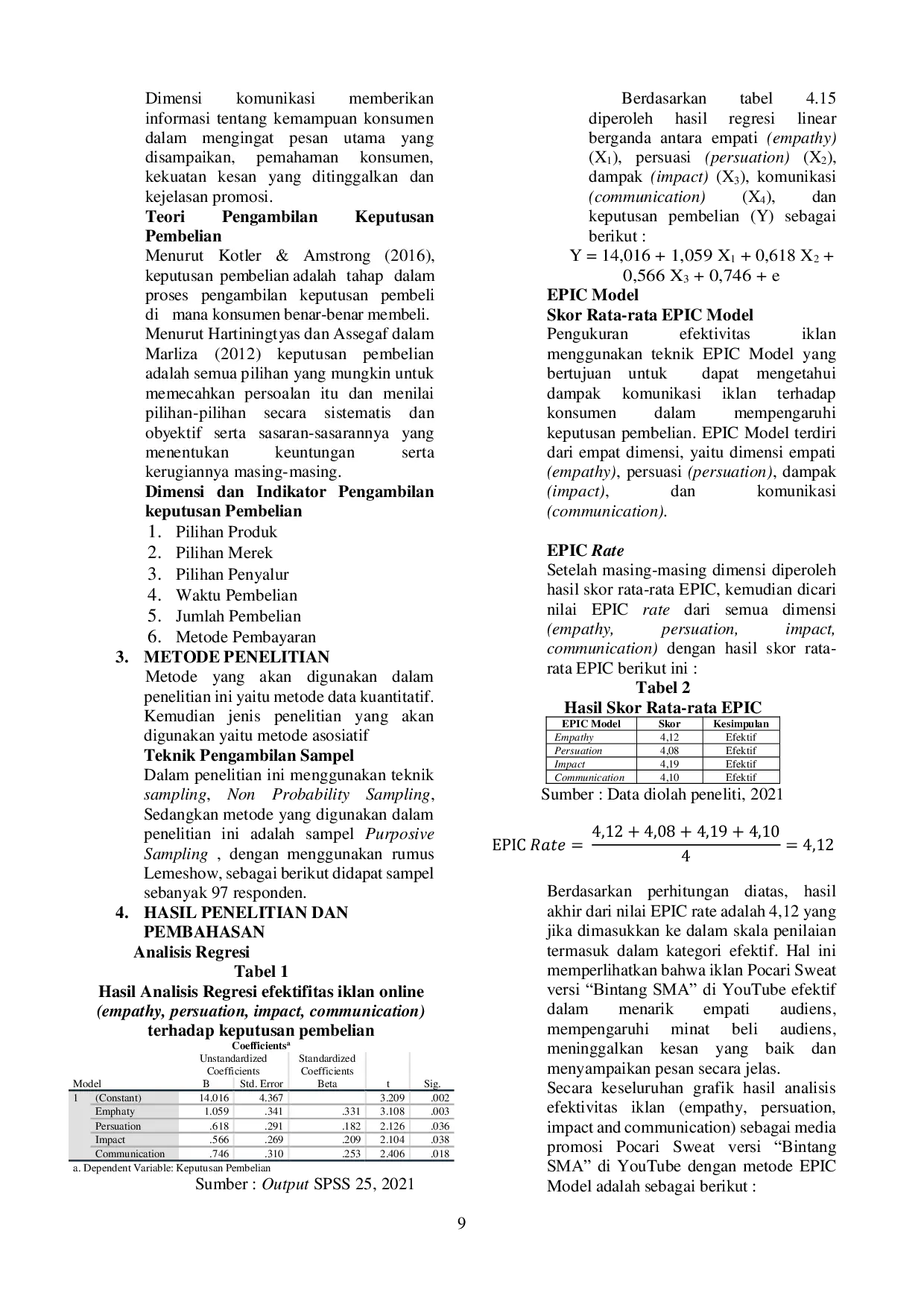 JURIS Analisis EPIC Model Terhadap Efektivitas Iklan Online Sebagai Media Promosi di YouTube Terhadap Keputusan Pembelian Pocari Sweat