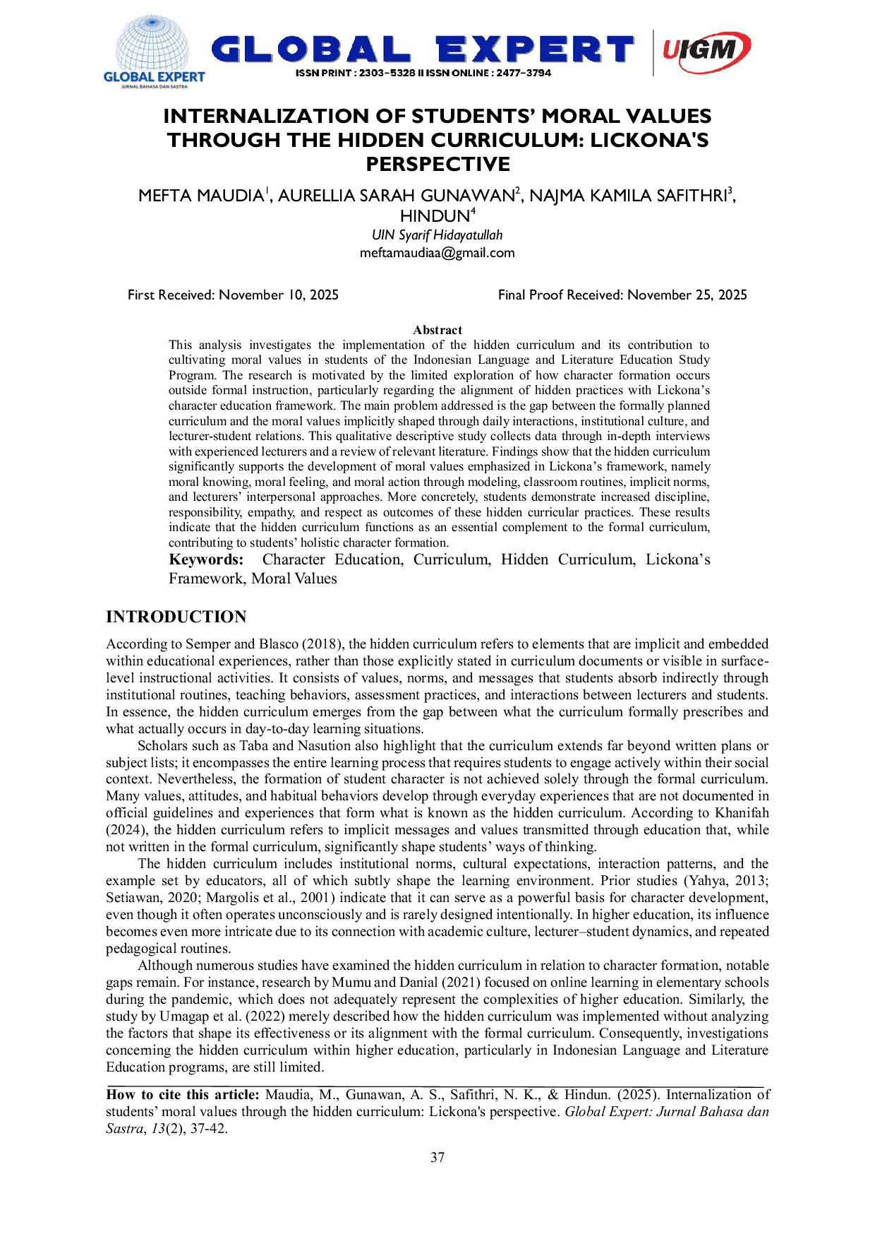 JURIS Internalization Of Students Moral Values Through the Hidden Curriculum Lickona s Perspective