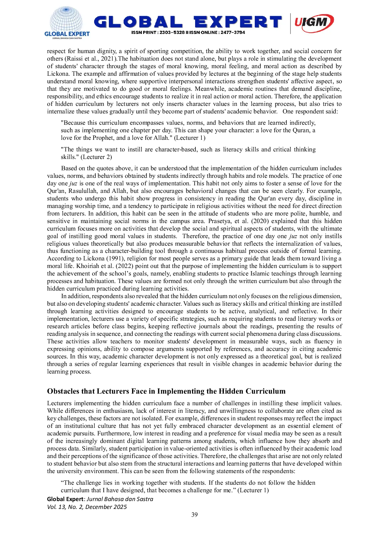 JURIS Internalization Of Students Moral Values Through the Hidden Curriculum Lickona s Perspective