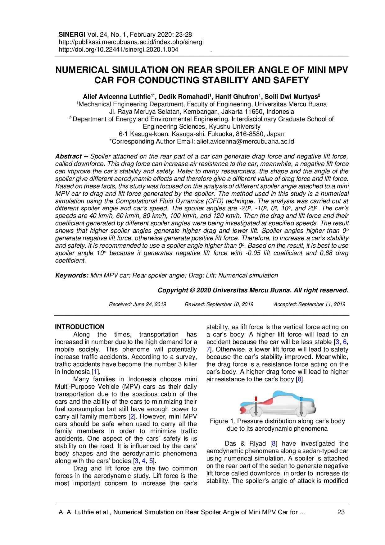 JURIS Numerical Simulation on Rear Spoiler Angle of Mini MPV Car for Conducting Stability and Safety