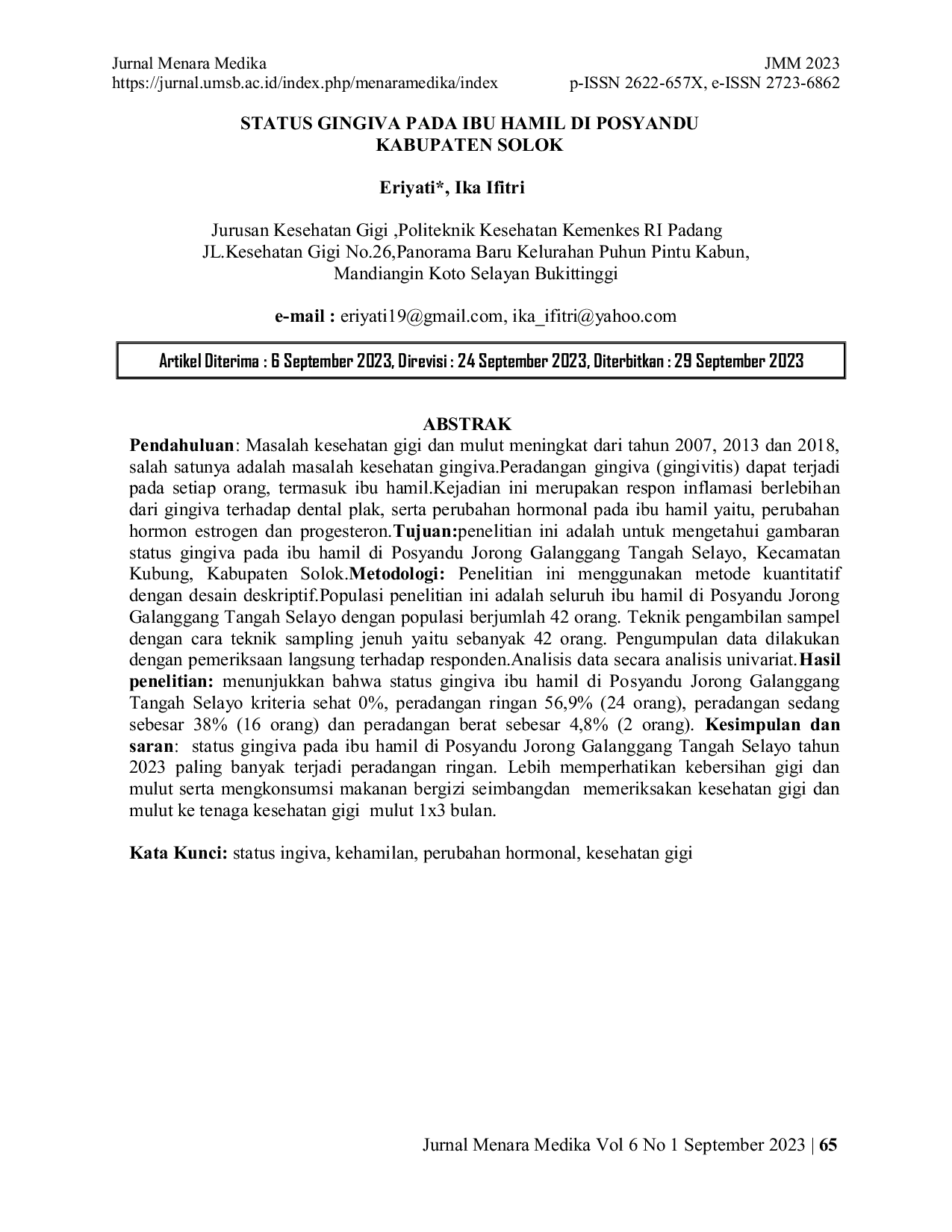 JURIS Status Gingiva Pada Ibu Hamil Di Posyandu Kabupaten Solok