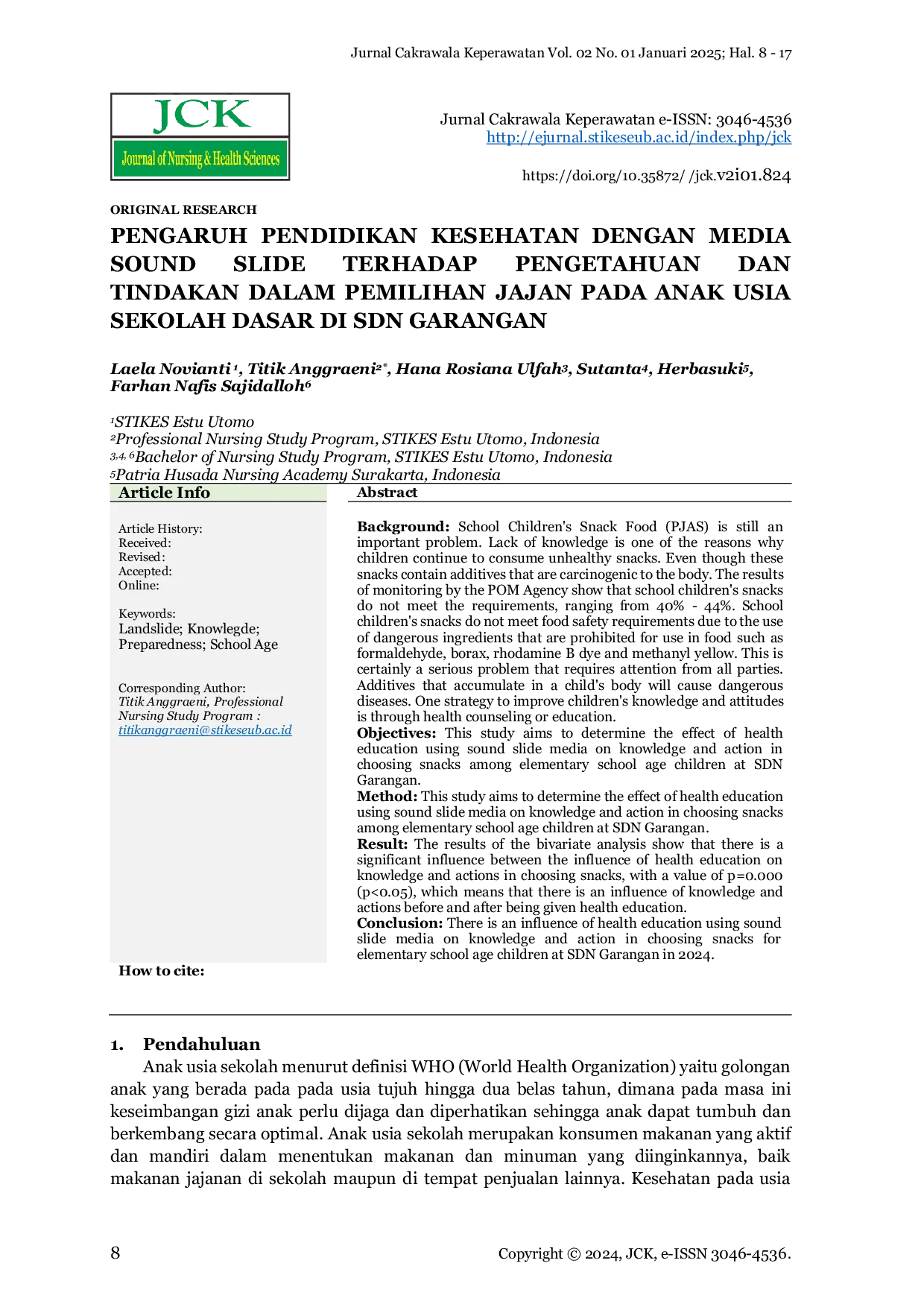 JURIS Pengaruh Pendidikan Kesehatan dengan Media Sound Slide Terhadap Pengetahuan dan Tindakan dalam Pemilihan Jajan pada Anak Usia Sekolah Dasar di SDN Garangan