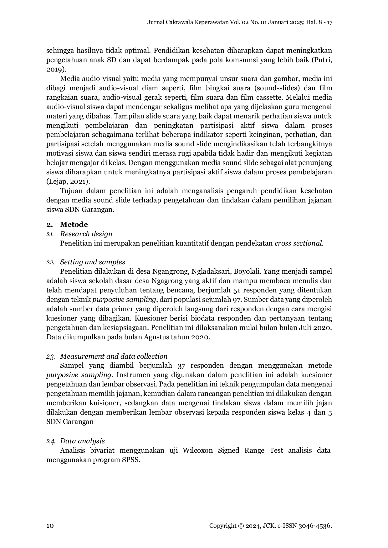 JURIS Pengaruh Pendidikan Kesehatan dengan Media Sound Slide Terhadap Pengetahuan dan Tindakan dalam Pemilihan Jajan pada Anak Usia Sekolah Dasar di SDN Garangan