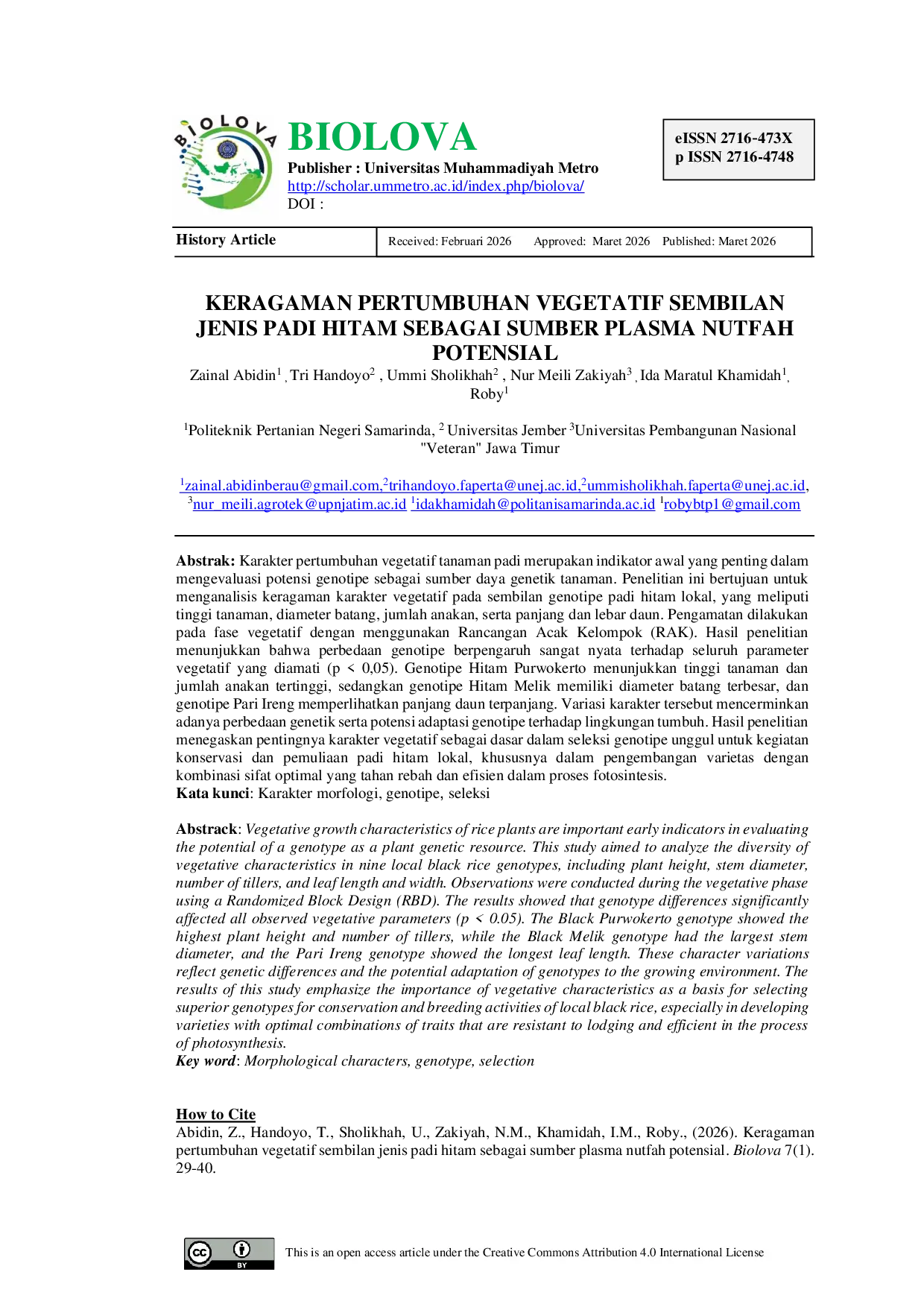 JURIS Keragaman Pertumbuhan Vegetatif Sembilan Jenis Padi Hitam Sebagai Sumber Plasma Nutfah Potensial