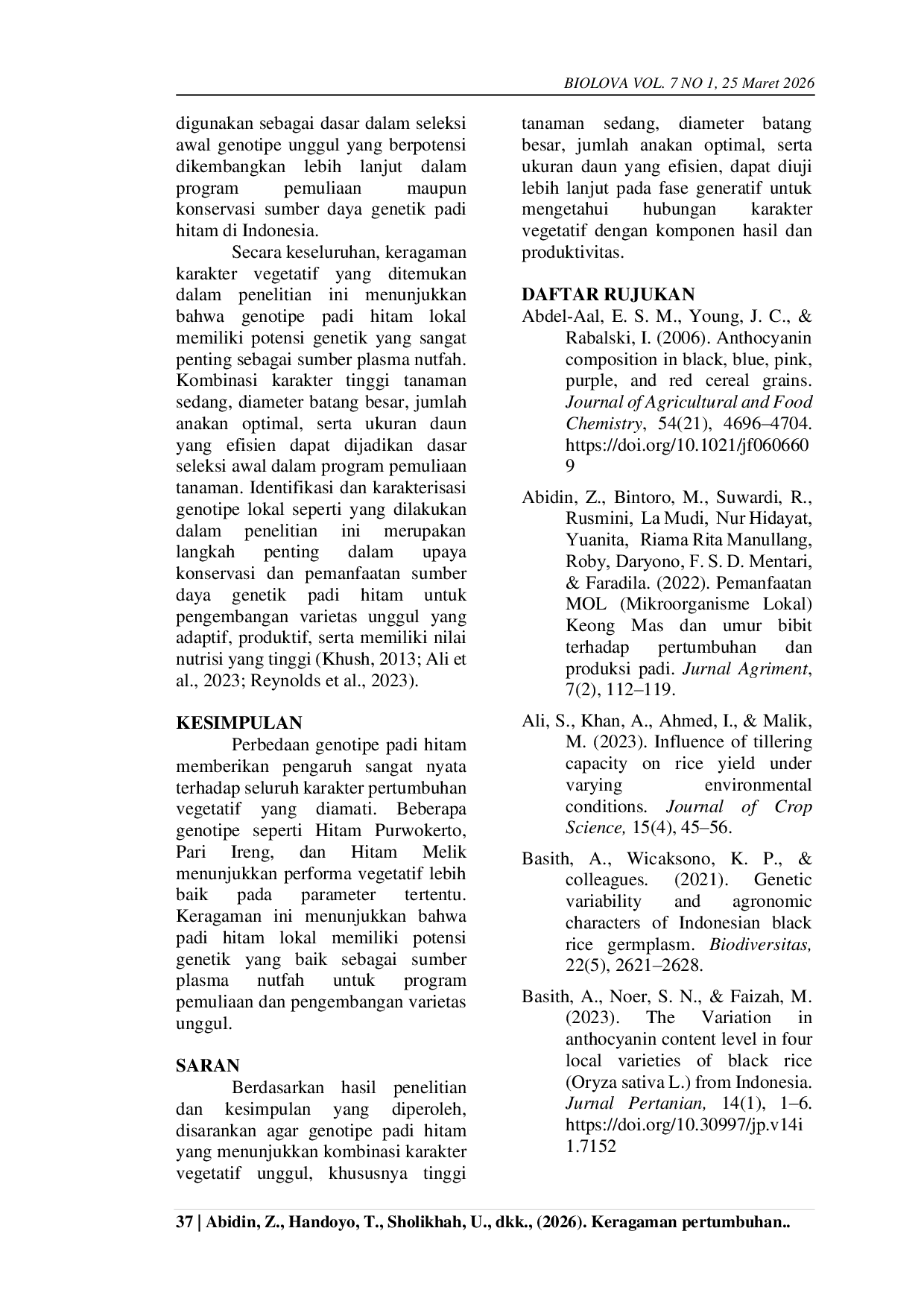 JURIS Keragaman Pertumbuhan Vegetatif Sembilan Jenis Padi Hitam Sebagai Sumber Plasma Nutfah Potensial