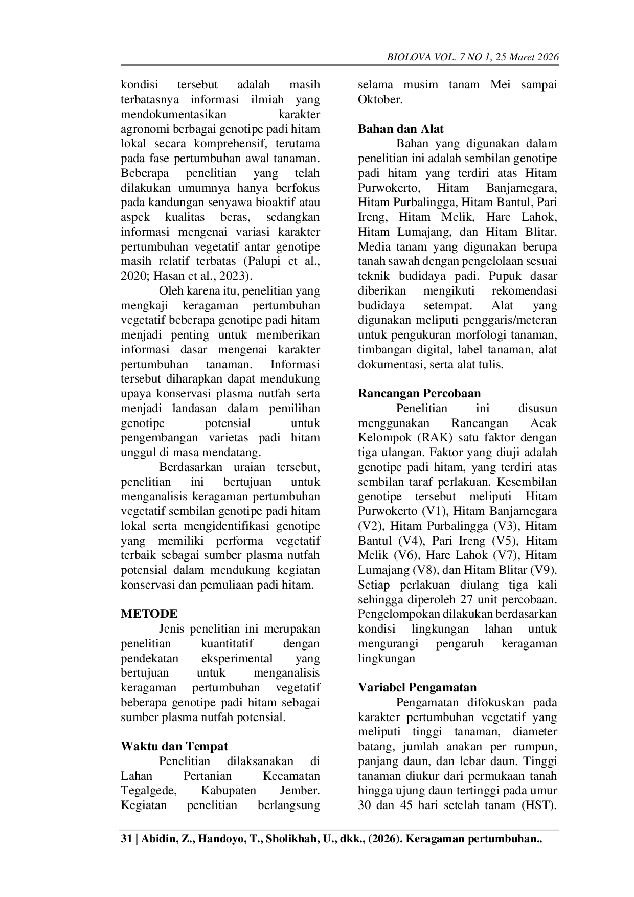 JURIS Keragaman Pertumbuhan Vegetatif Sembilan Jenis Padi Hitam Sebagai Sumber Plasma Nutfah Potensial