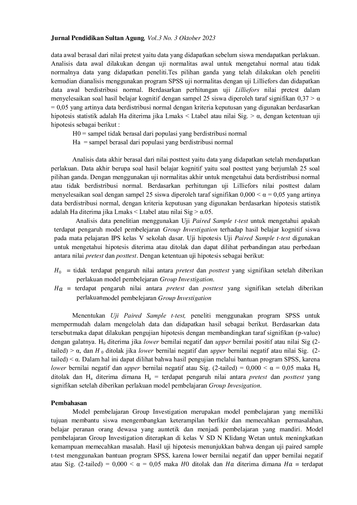 JURIS Pengaruh Model Pembelajaran Kooperatif Tipe Group Investigation terhadap Hasil Belajar Kognitif Siswa Mata Pelajaran IPS Kelas V SD Negeri Klidang Wetan