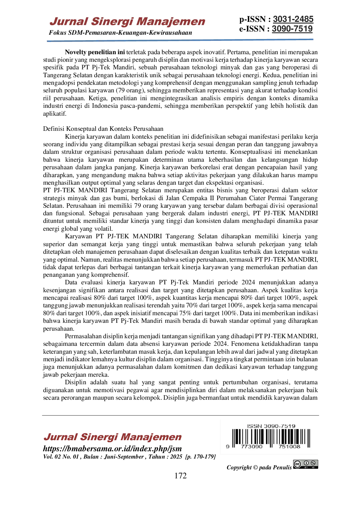 JURIS Pengaruh Disiplin dan Motivasi Kerja terhadap Kinerja Karyawan pada PT Pj Tek Mandiri Tangerang Selatan