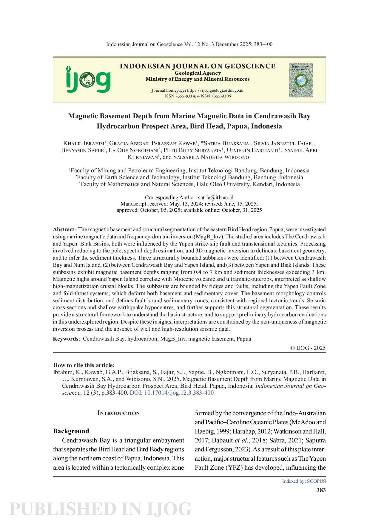 JURIS Magnetic Basement Depth from Marine Magnetic Data in Cendrawasih Bay Hydrocarbon Prospect Area Bird Head Papua Indonesia