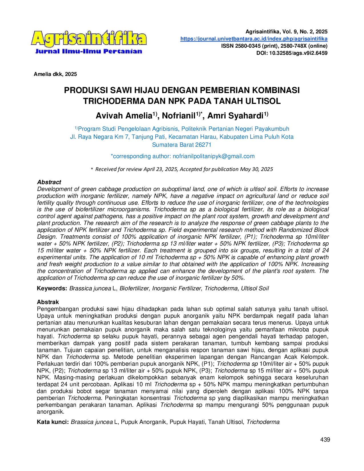 JURIS Produksi Sawi Hijau Dengan Pemberian Kombinasi Trichoderma Dan NPK Pada Tanah Ultisol