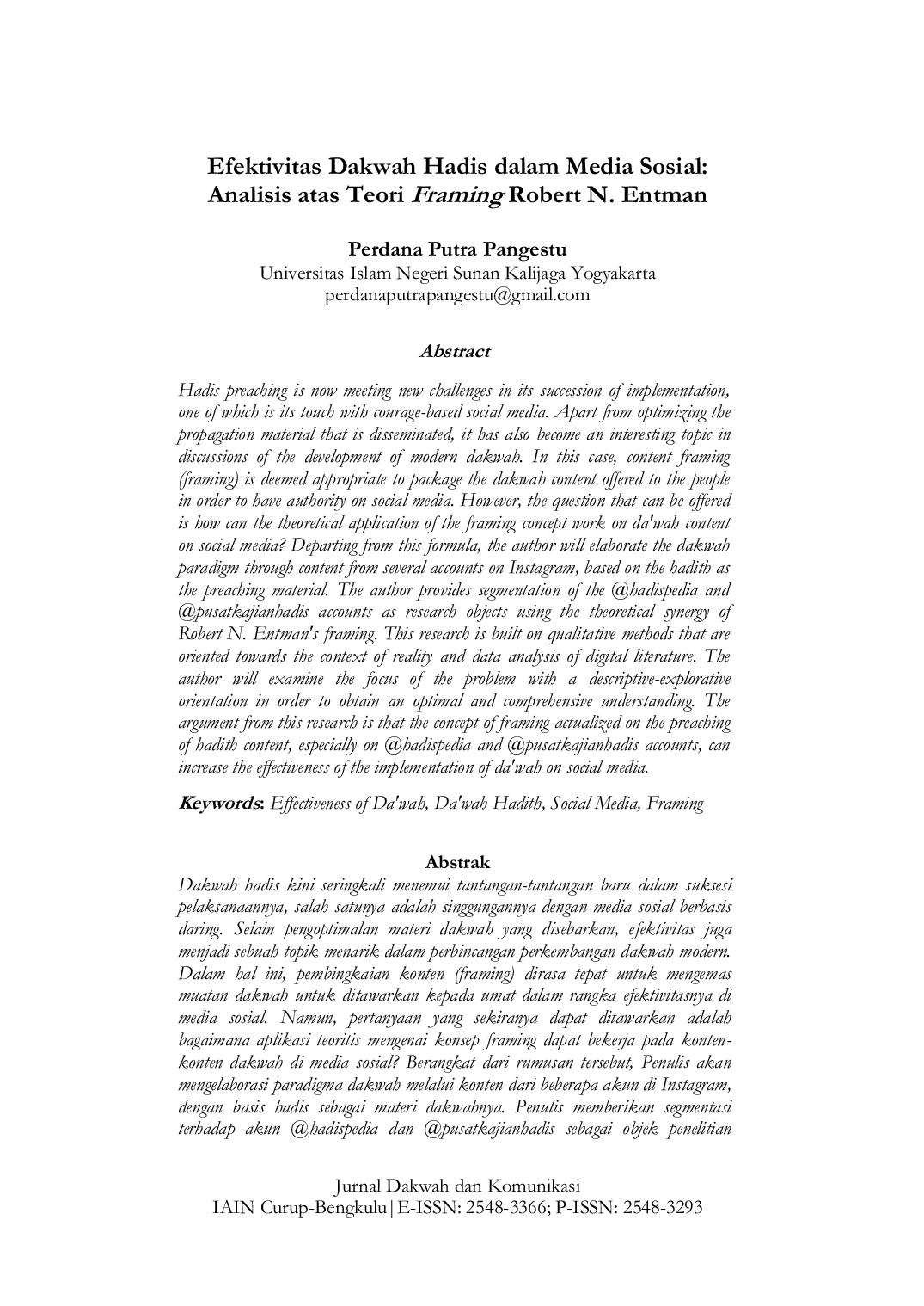 JURIS Efektivitas Dakwah Hadis dalam Media Sosial Analisis atas Teori Framing Robert N Entman