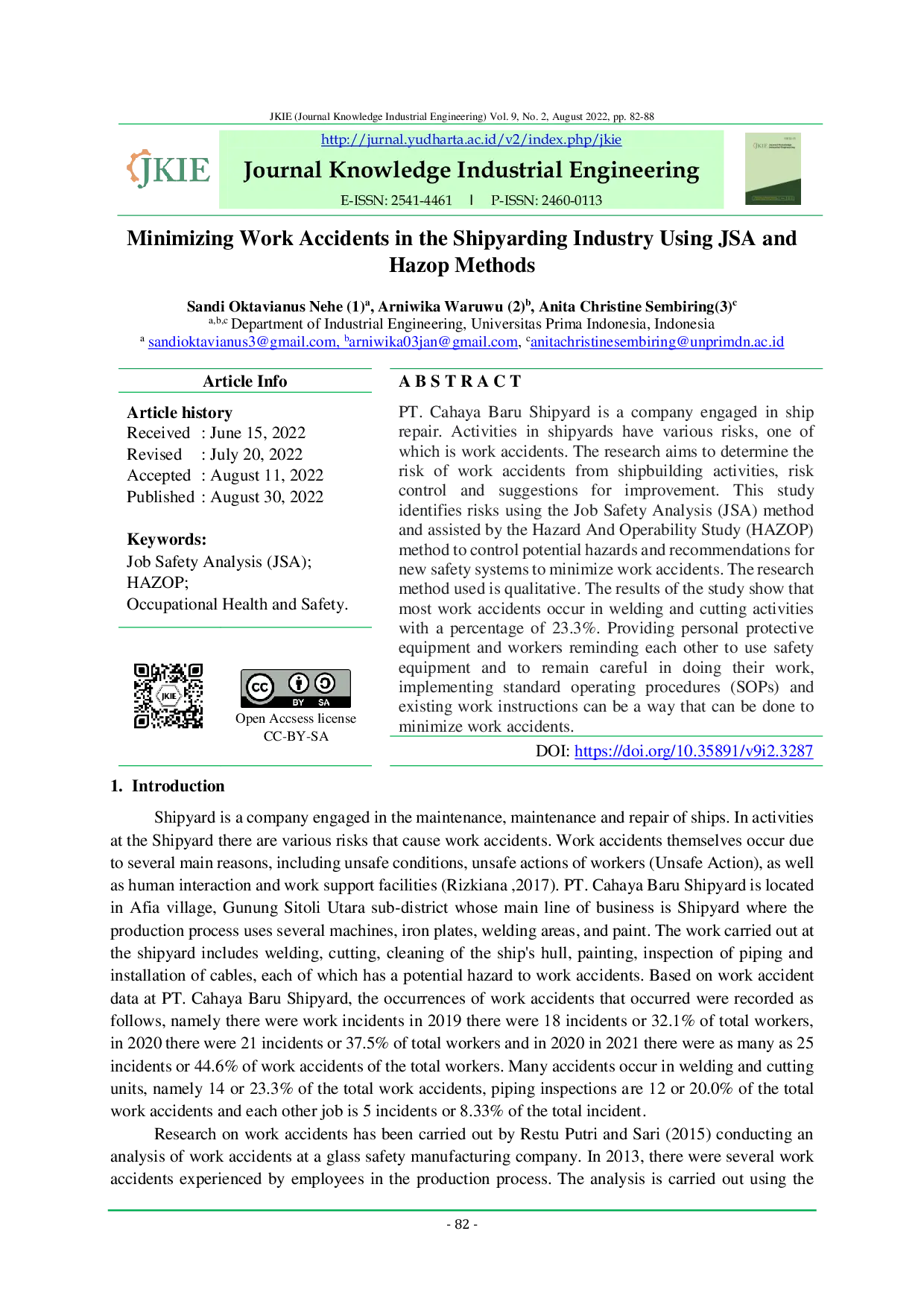 JURIS Minimizing Work Accidents in the Shipyarding Industry Using JSA and HAZOP Methods