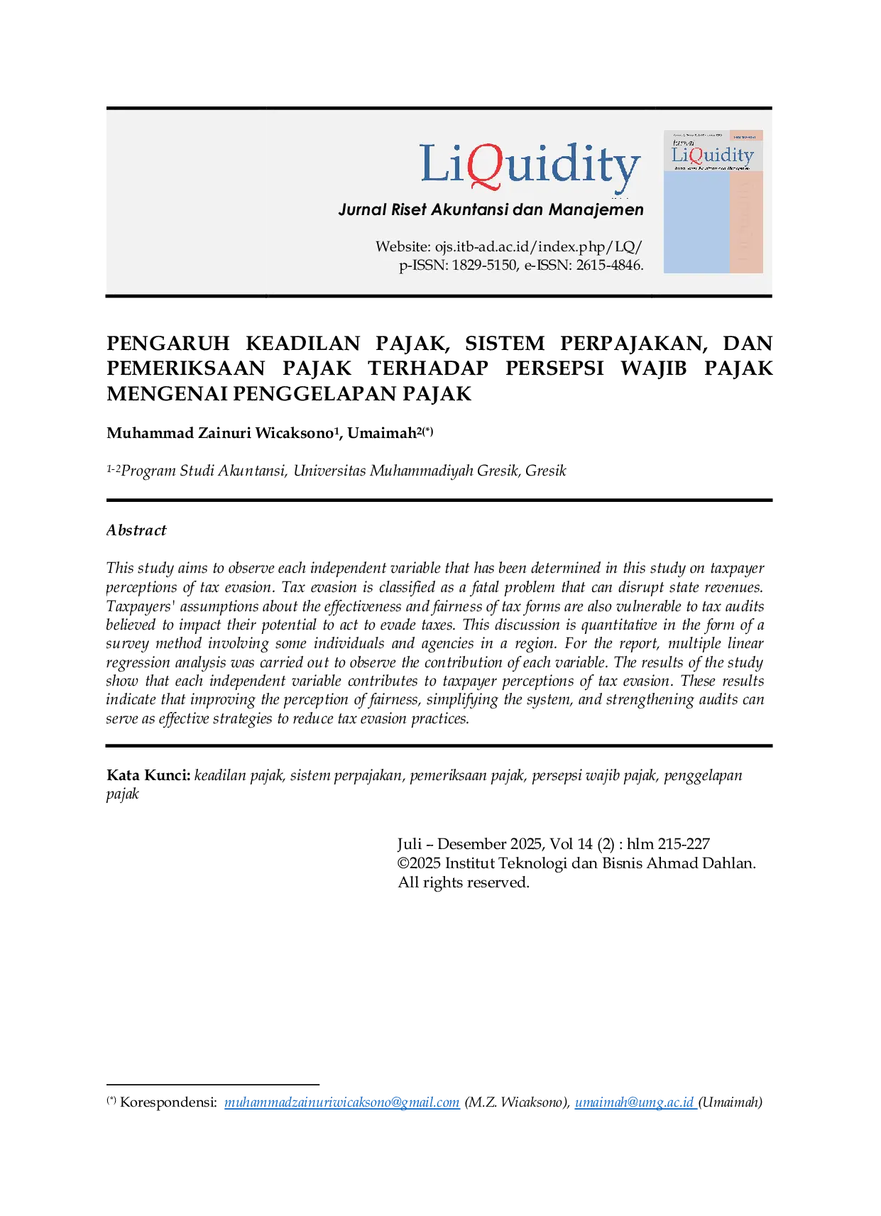 JURIS Pengaruh Keadilan Pajak Sistem Perpajakan Dan Pemeriksaan Pajak Terhadap Persepsi Wajib Pajak Mengenai Penggelapan Pajak